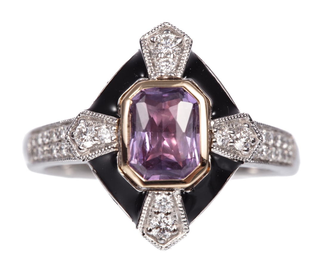 Art Deco Style Platinum and 18 kt. Yellow Gold, Pink Sapphire, Diamond and Enamel Ring: Art Deco Style Platinum and 18 kt. Yellow Gold, Pink Sapphire, Diamond and Enamel Ringcenter octagonal modified brilliant cut pink sapphire, wt. approx. 1.14 cts.; mounted with 0.26 ct. of round brill