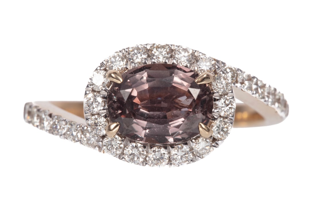 14 kt. Yellow Gold, Purple Sapphire and Diamond Ring: 14 kt. Yellow Gold, Purple Sapphire and Diamond Ringcenter oval mixed cut pink sapphire, wt. approx. 1.78 cts.; bezel and band with 0.52 ct. of round brilliant cut diamonds; size 7; AIGL and GIA repor