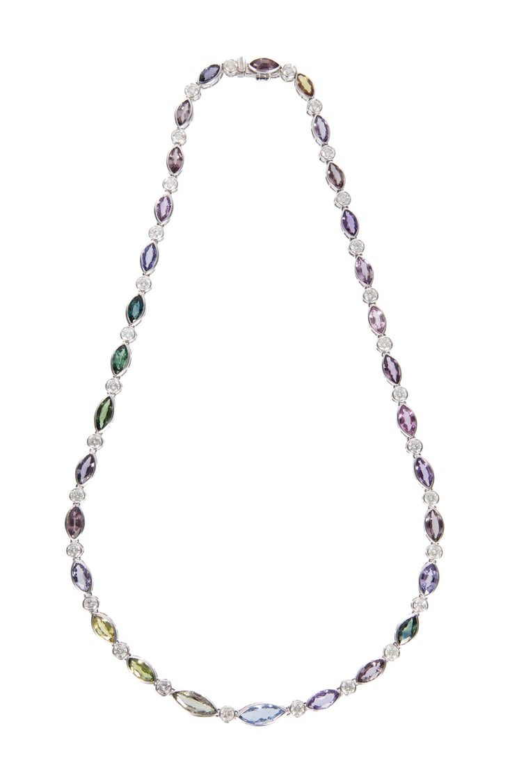Platinum, Multicolor Sapphire and Diamond Necklace: Platinum, Multicolor Sapphire and Diamond Necklacemounted with 30 marquise mixed cut multicolor sapphires, total wt. approx. 26.64 cts.; and 30 round brilliant cut diamonds, total wt. approx. 5.78 cts