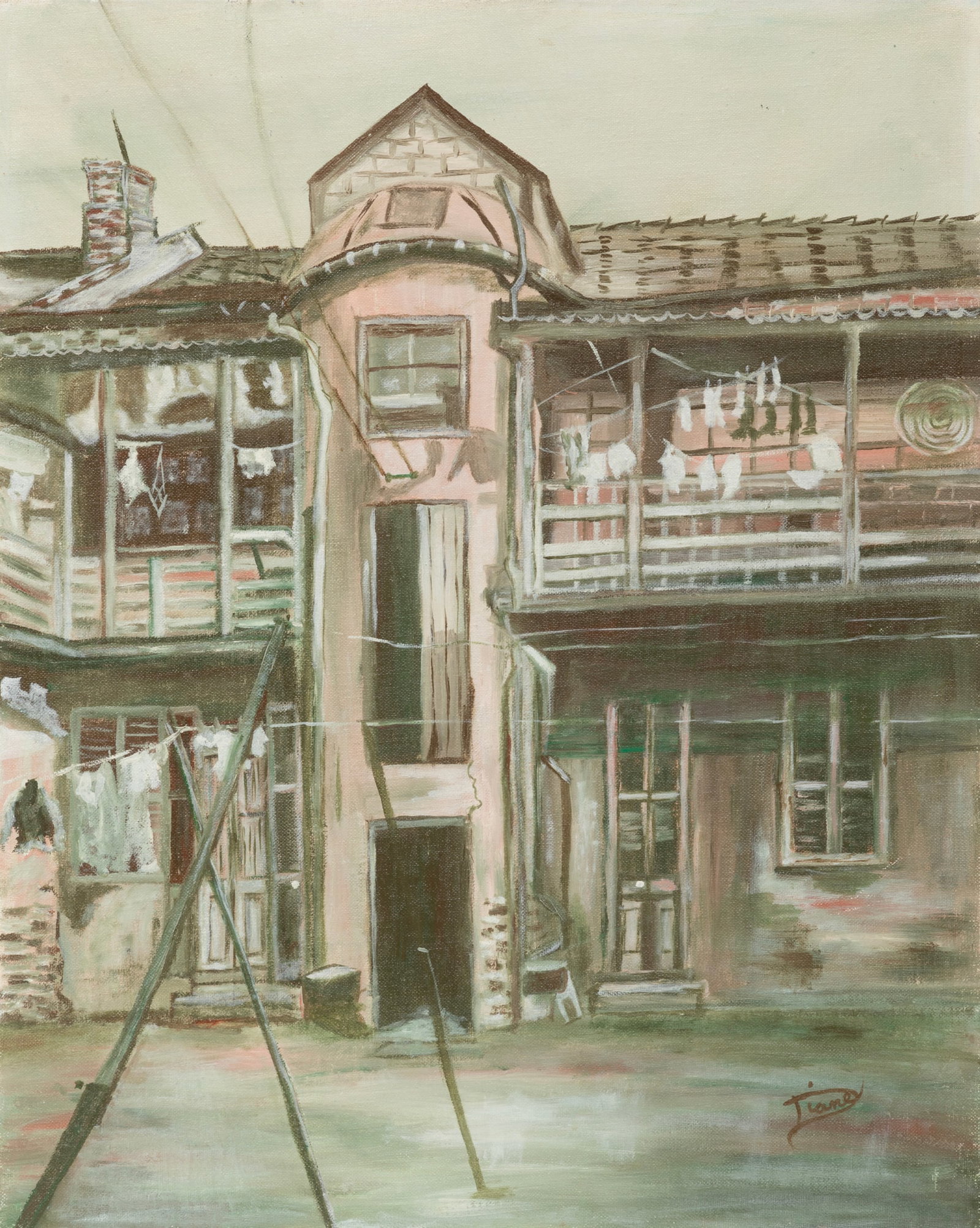 Diane Rose Gambino Gaudet, American/Louisiana 1942-2021, "The Silo Court 1015 Chartres St.", oil on: Diane Rose Gambino Gaudet American/Louisiana, 1942-2021 "The Silo Court 1015 Chartres St." oil on canvas board signed lower right, signed and titled en verso, unframed. 20 x 16 in. (50.8 x 40.6 cm.)