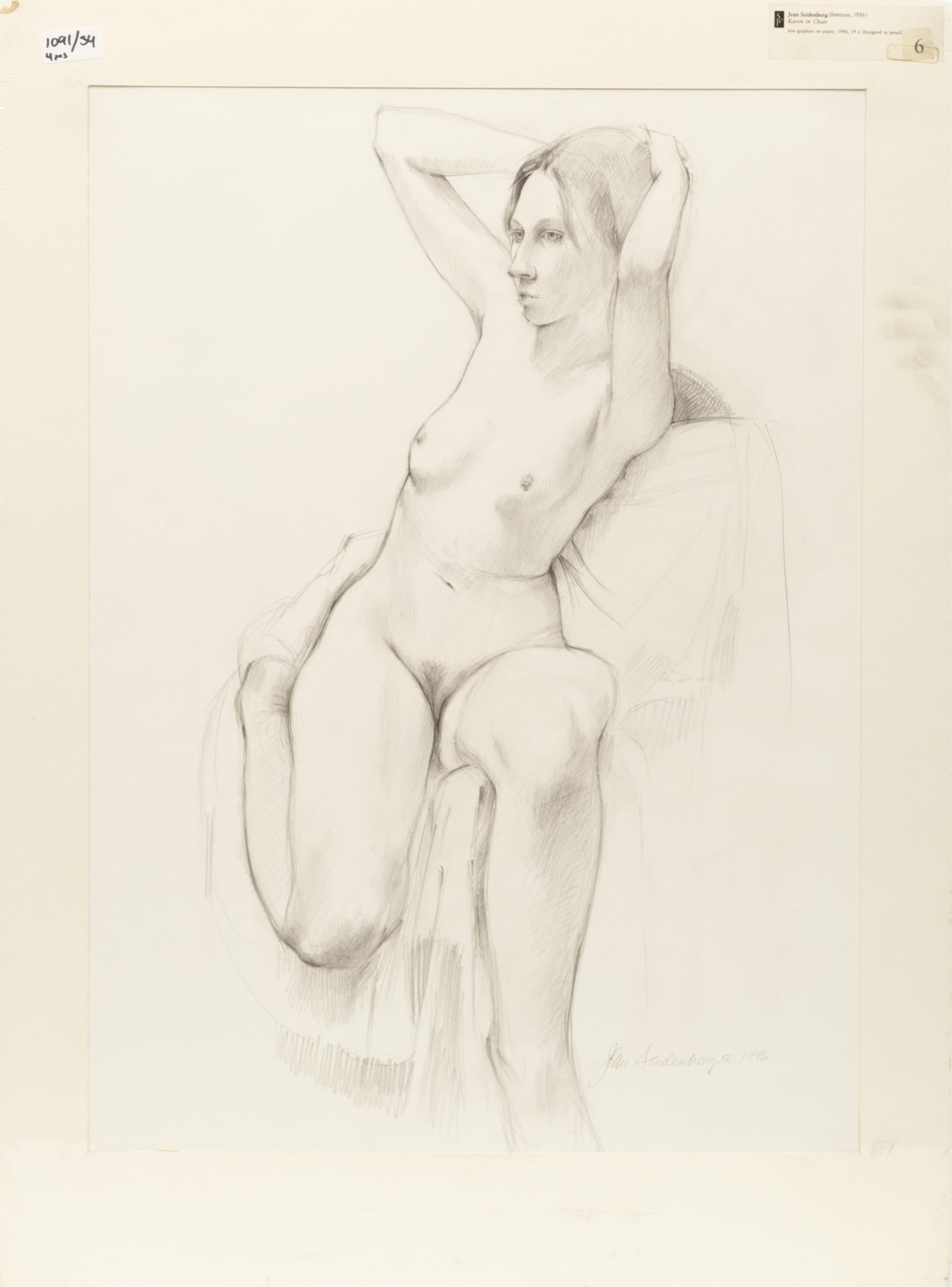Jean Seidenberg, American/Louisiana 1930-2022, "Karen on the Lounge", "Karen on the Chair", "Leora: Jean Seidenberg American/Louisiana, 1930-2022 "Karen on the Lounge", "Karen on the Chair", "Leora I" and "Crouching Figure" 4 graphites on paper 1995-1997, each signed and dated lower right or left, d