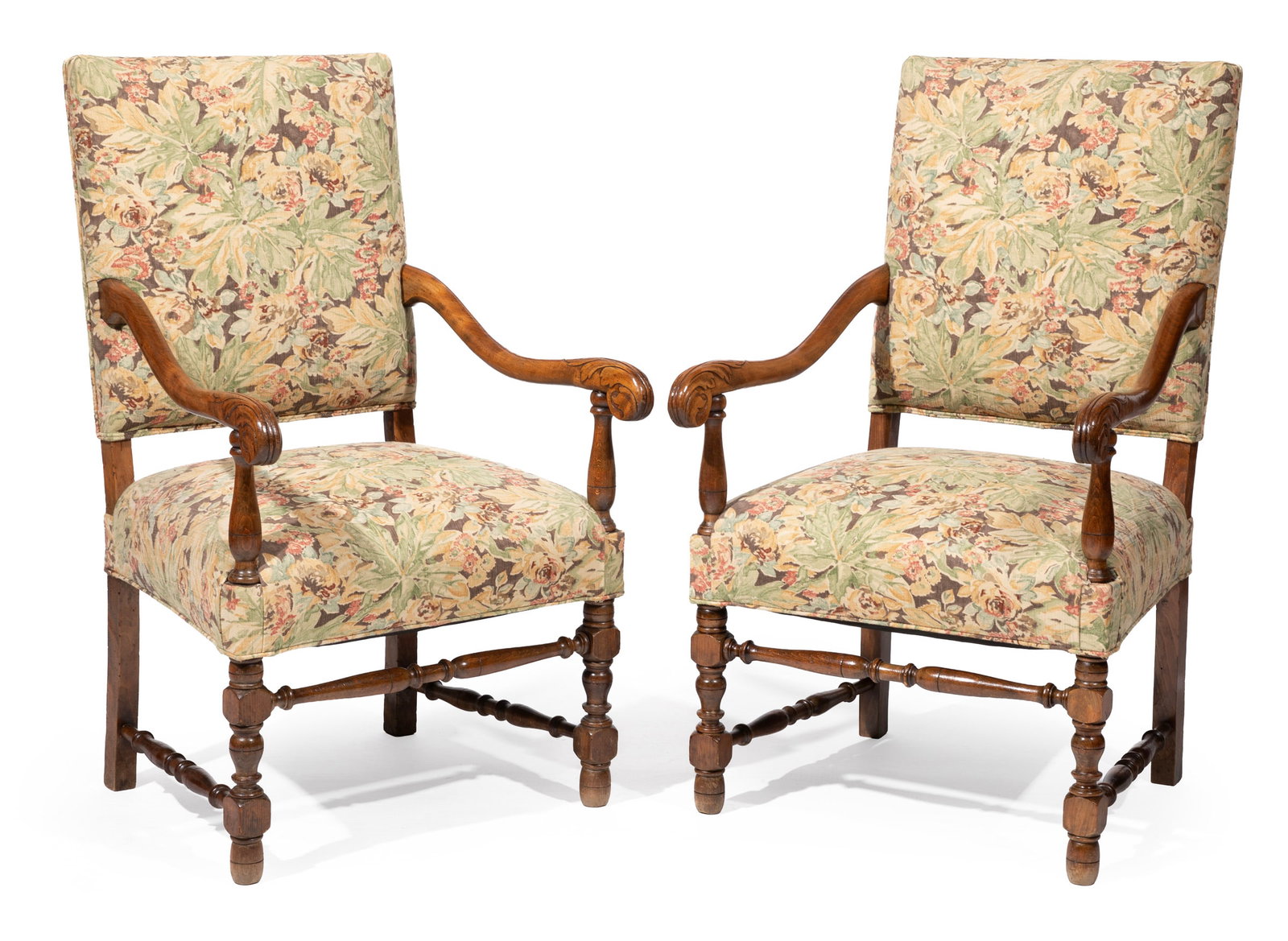 Pair of English Restoration-Style Carved Walnut Armchairs (1 of 5)