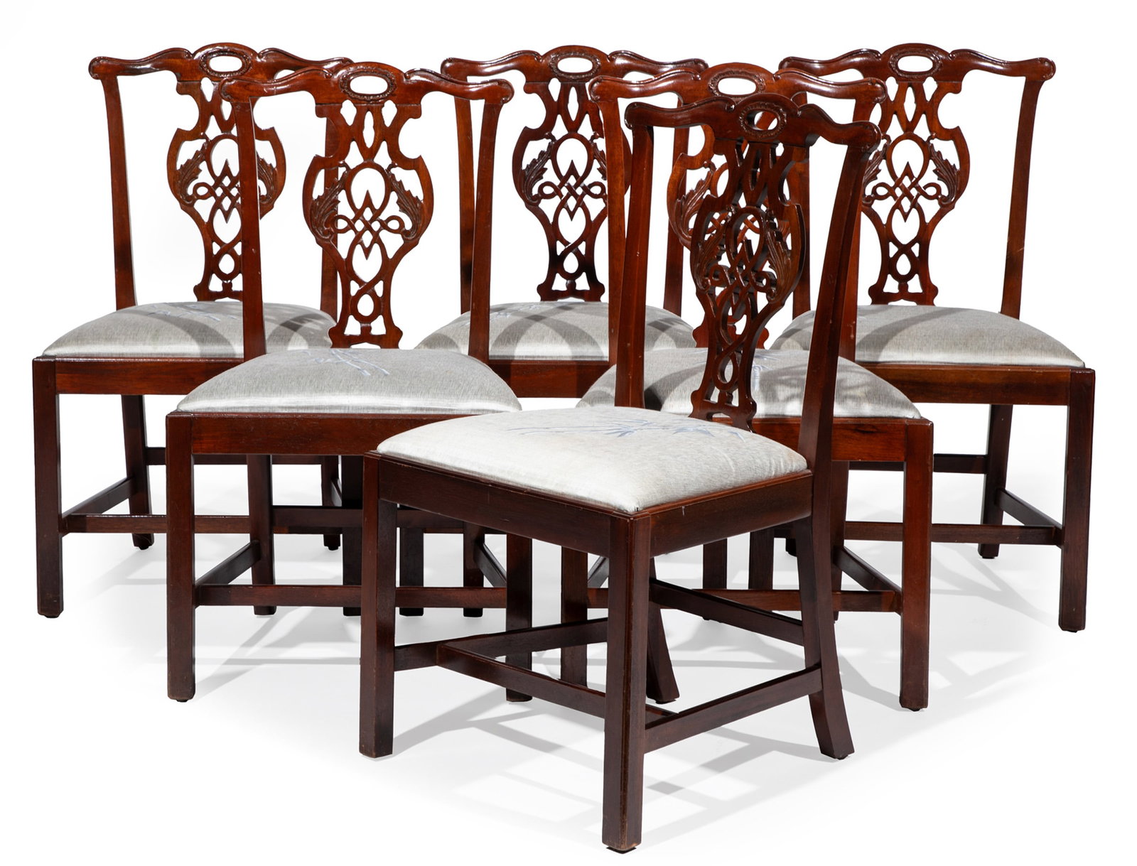 Set of Six Chippendale-Style Carved Mahogany Dining Chairs: Set of Six Chippendale-Style Carved Mahogany Dining Chairs, , Labeled Baker Furniture, Historic Charleston Collection, shaped crest rail, pierced carved splat, drop in seats, molded seat rail, square 