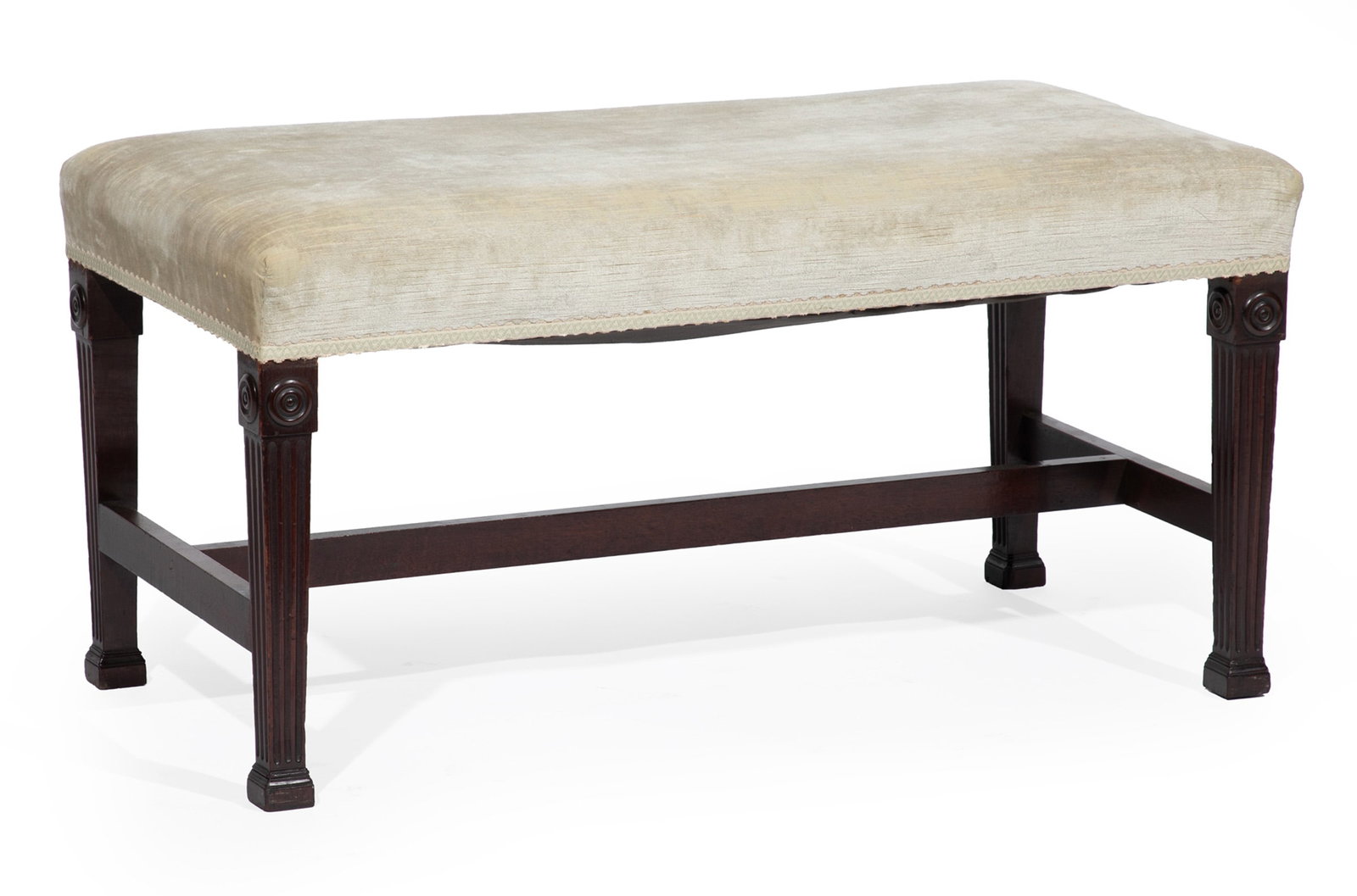 Georgian-Style Carved Mahogany Bench: Georgian-Style Carved Mahogany Bench rosette fluted tapered legs, H-form stretcher 16 1/2 x 32 x 16 1/2 in. (41.9 x 81.3 x 41.9 cm.)