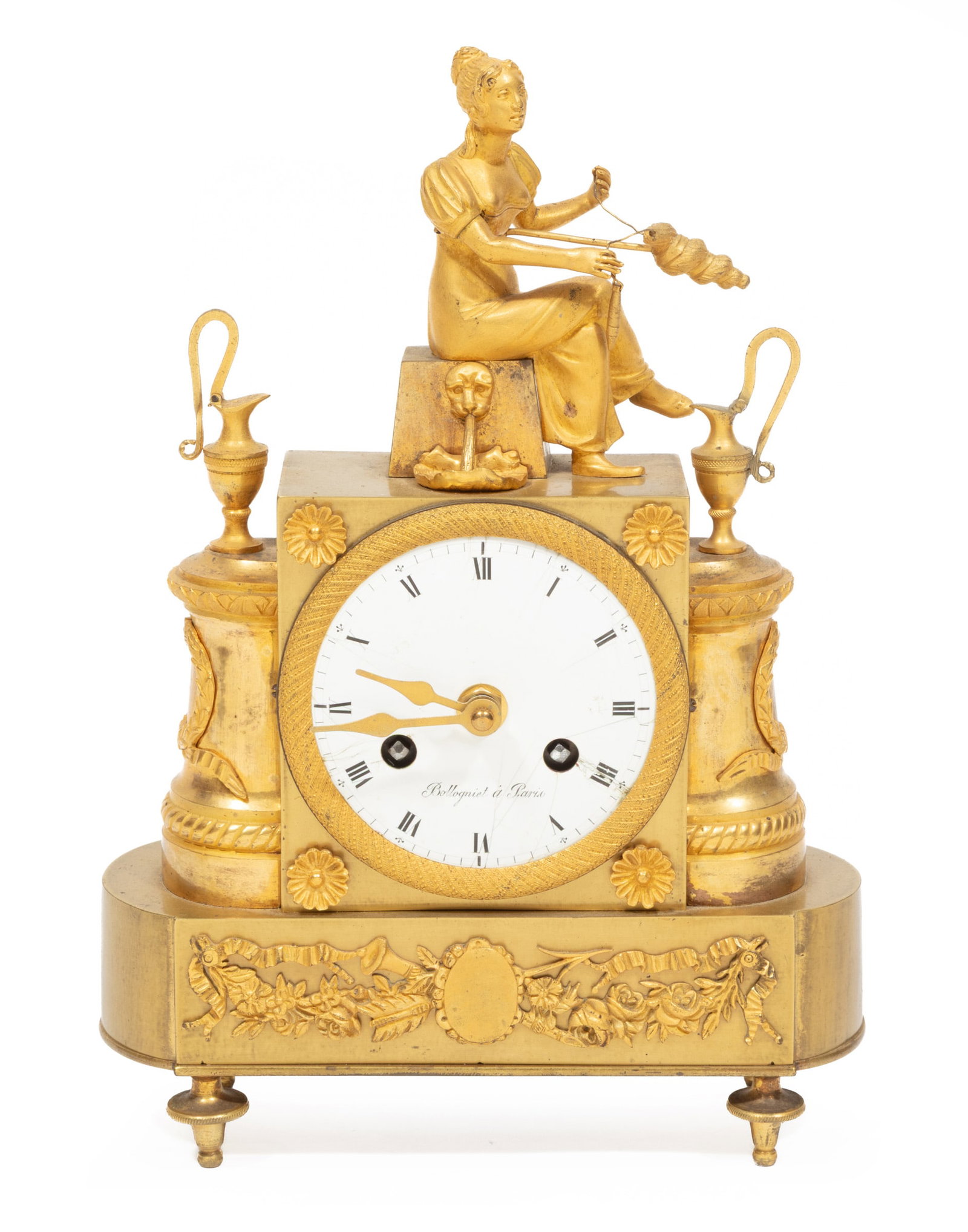 Antique French Gilt Bronze Figural Mantel Clock: Antique French Gilt Bronze Figural Mantel Clock dial signed "Bollogniet a Paris", now with battery powered movement 11 1/2 x 8 x 3 1/2 in. (29.2 x 20.3 x 8.9 cm.)