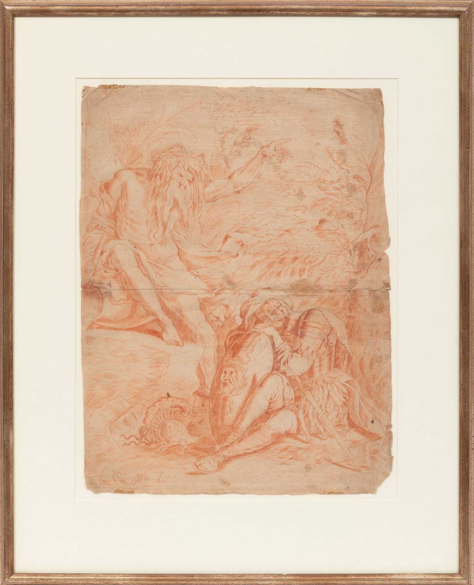 Attributed to Salvator Rosa, Italian 1615-1673, "The Dream of Aeneas", sanguine on paper partially: Attributed to Salvator Rosa Italian, 1615-1673 "The Dream of Aeneas" sanguine on paper partially laid on board unsigned, "The Gallery 927, New Orleans" and 5 labels with artist information on backing 