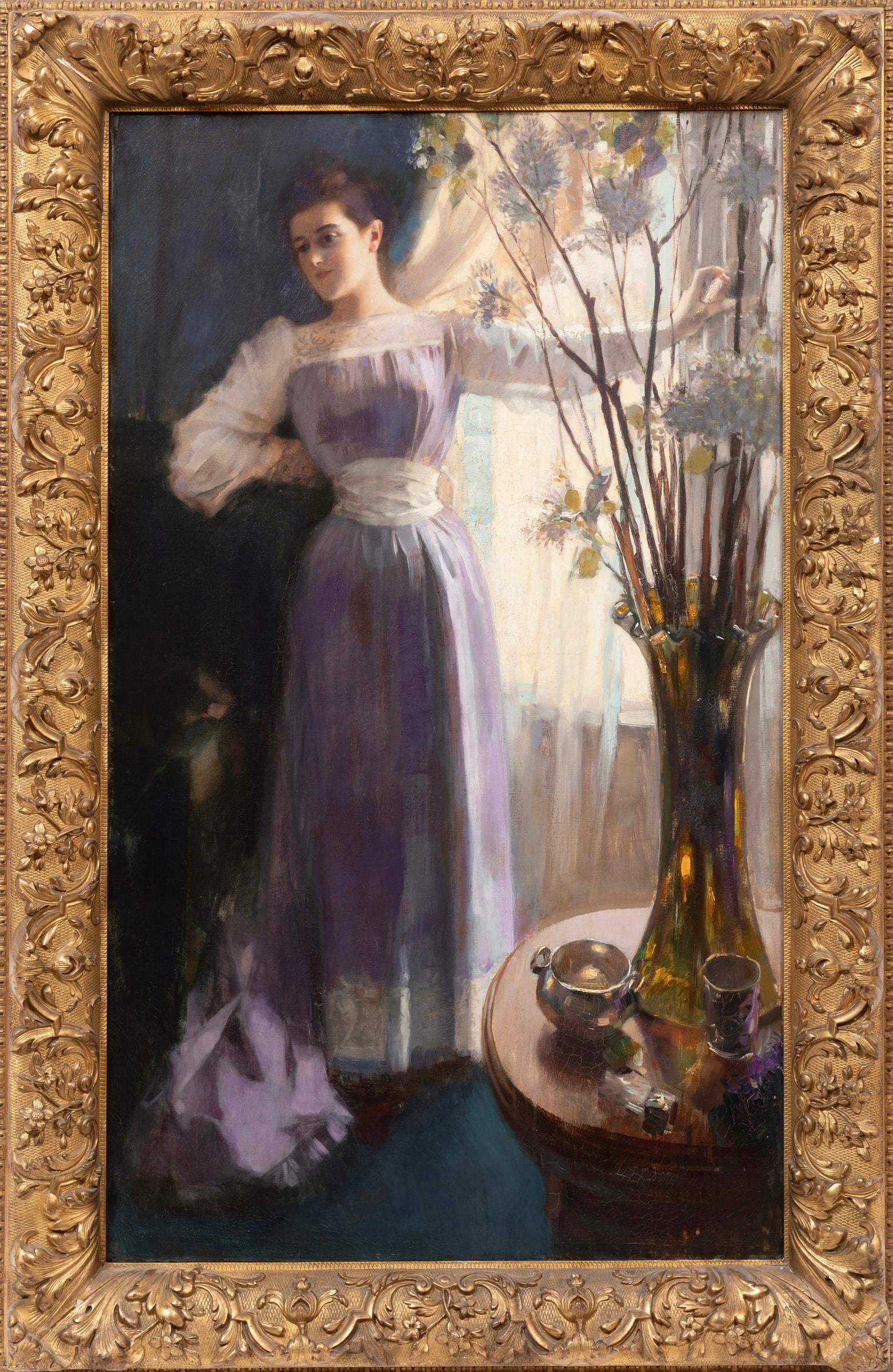Alberto "Albert" Fernando Lynch, Prussian/French 1860-1950, "Young Woman by the Window", oil on: Alberto "Albert" Fernando Lynch Prussian/French, 1860-1950 "Young Woman by the Window" oil on canvas signed twice, upper left and lower right, partial label with artist name on stretcher, handwritten 