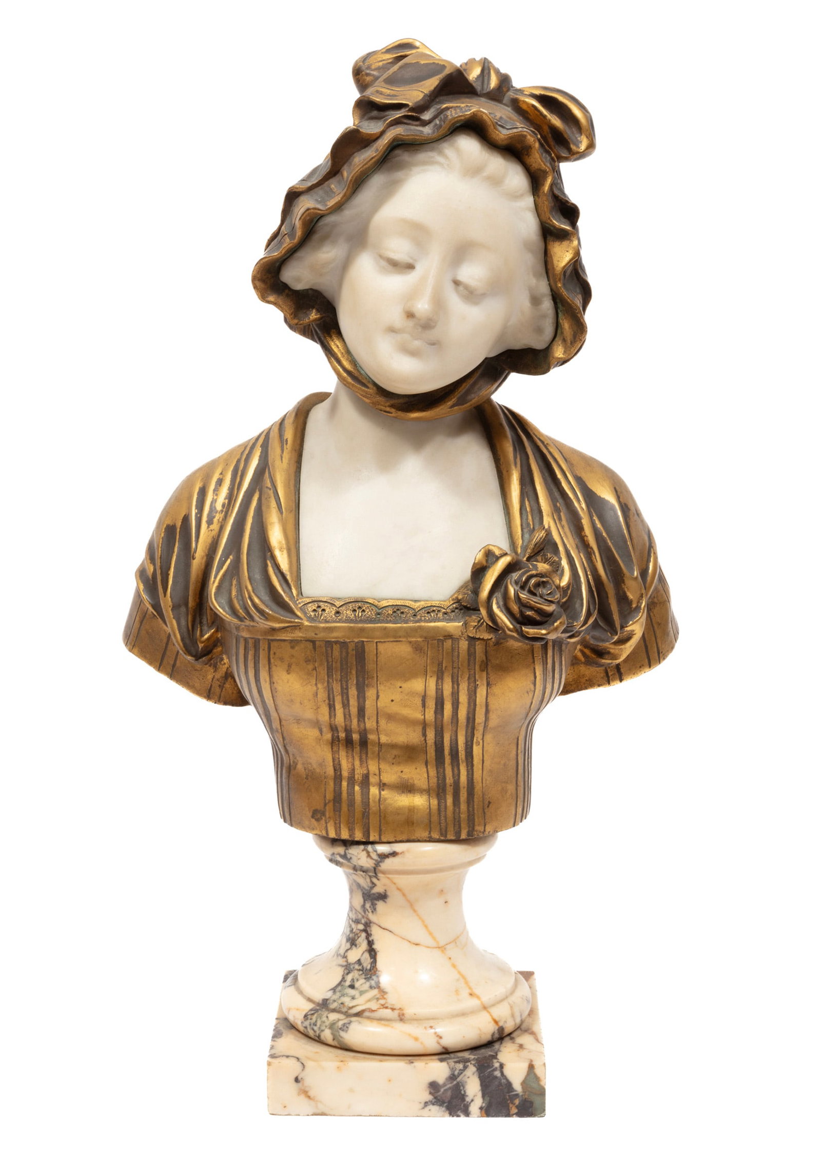 After Jean-Baptiste Greuze, French 1725-1805, "Bust of a Maiden", marble and patinated bronze (1 of 4)