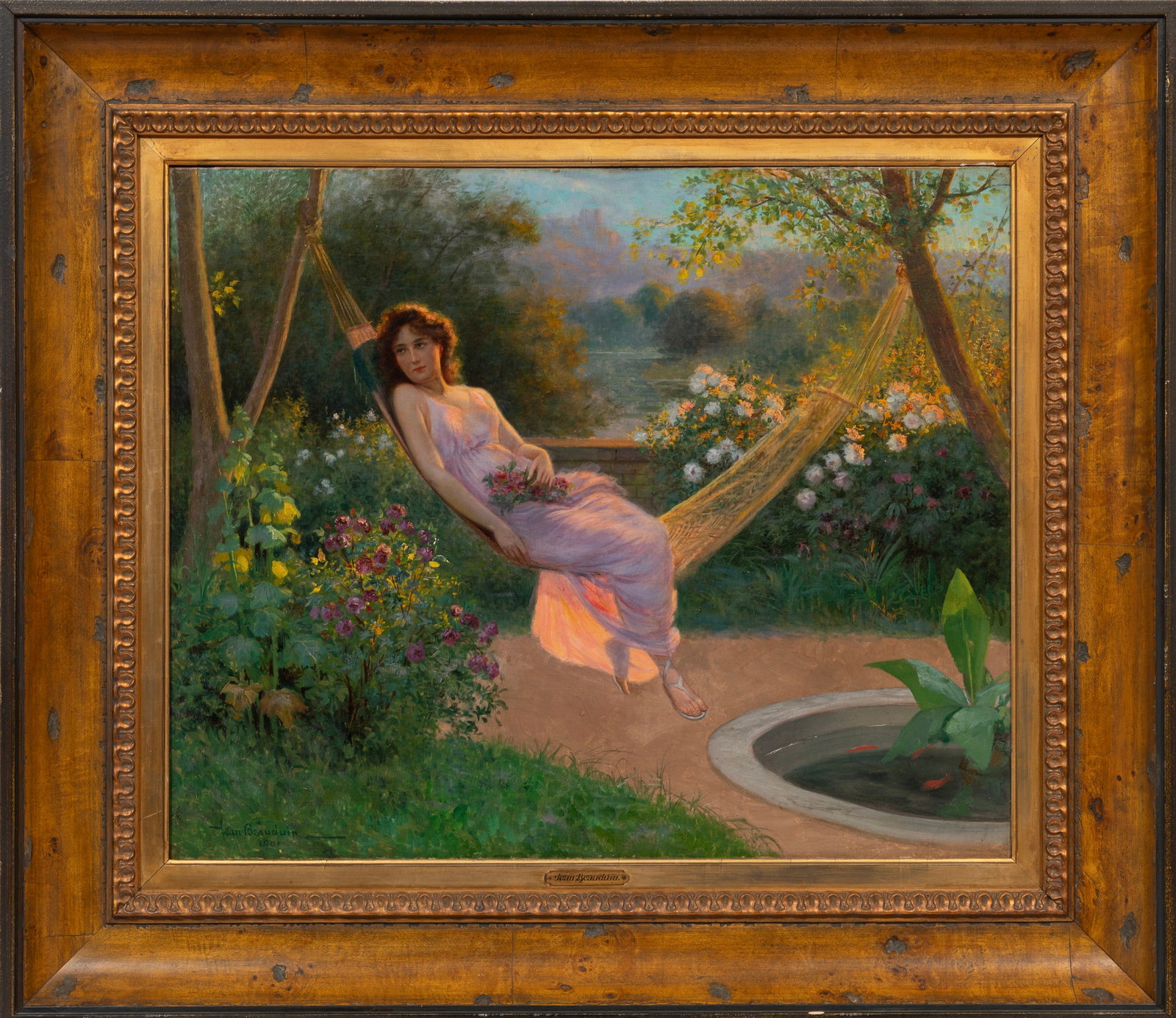 Jean Beauduin, Belgian/French 1851-1916, "R?ve du Soir", oil on canvas: Jean Beauduin Belgian/French, 1851-1916 "R?ve du Soir" oil on canvas 1901, signed and dated lower left, signed, titled, dated and inscribed "Paris" and "Ch: 622." on stretcher, framed. 23 1/2 x 28 7/8