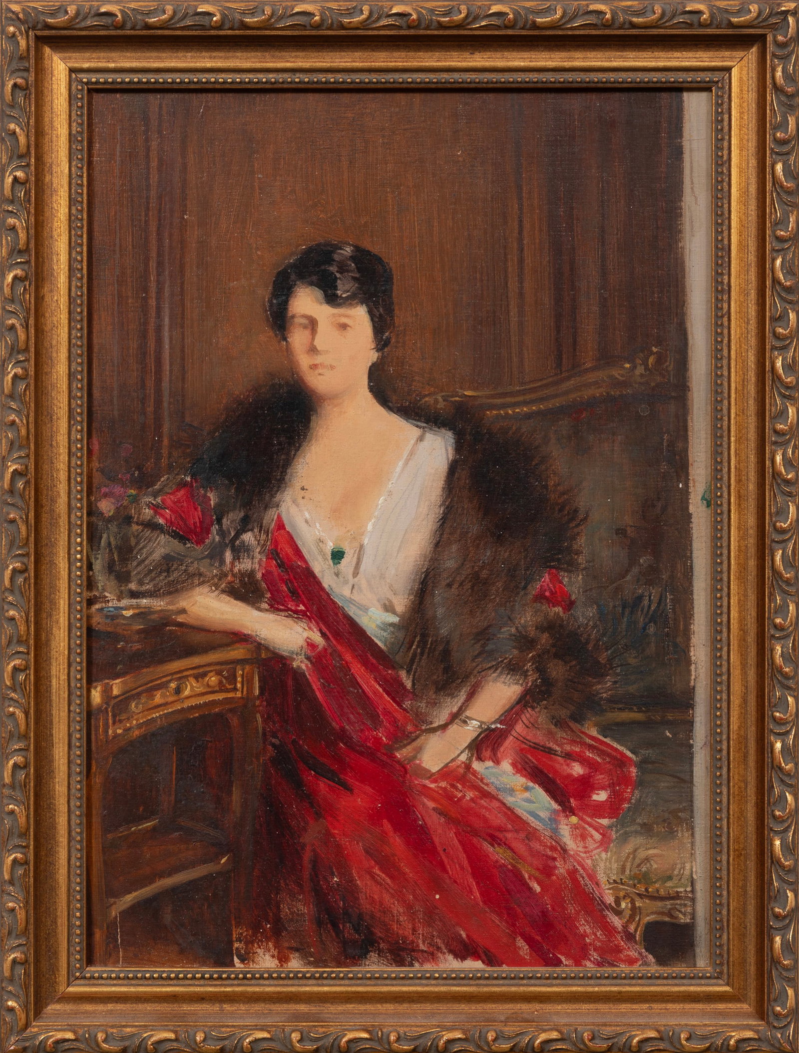 Continental School 19th/20th c., "Woman with Fur Stole", oil on panel: Continental School 19th/20th c. "Woman with Fur Stole" oil on panel unsigned, framed. Provenance: Collection of Cynthia A. Samuel, New Orleans, LA. 13 x 9 3/8 in. (33 x 23.8 cm.), Frame: 15 x 11 3/8