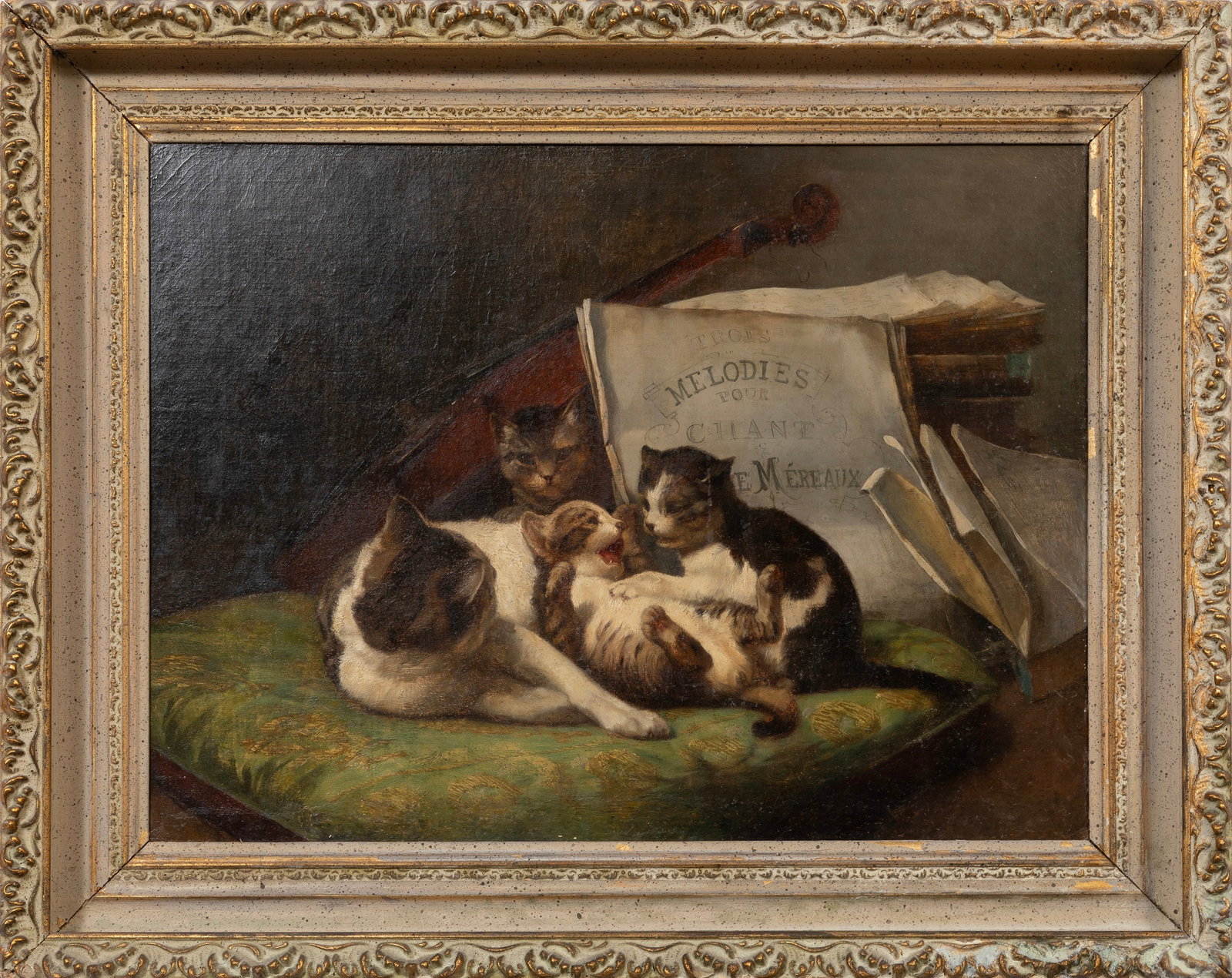 Continental School 19th c., "Violinist's Kittens", oil on canvas: Continental School 19th c. "Violinist's Kittens" oil on canvas unsigned, framed. Provenance: Collection of Cynthia A. Samuel, New Orleans, LA. 18 1/4 x 24 1/4 in. (46.4 x 61.6 cm.), Frame: 24 x 30 x