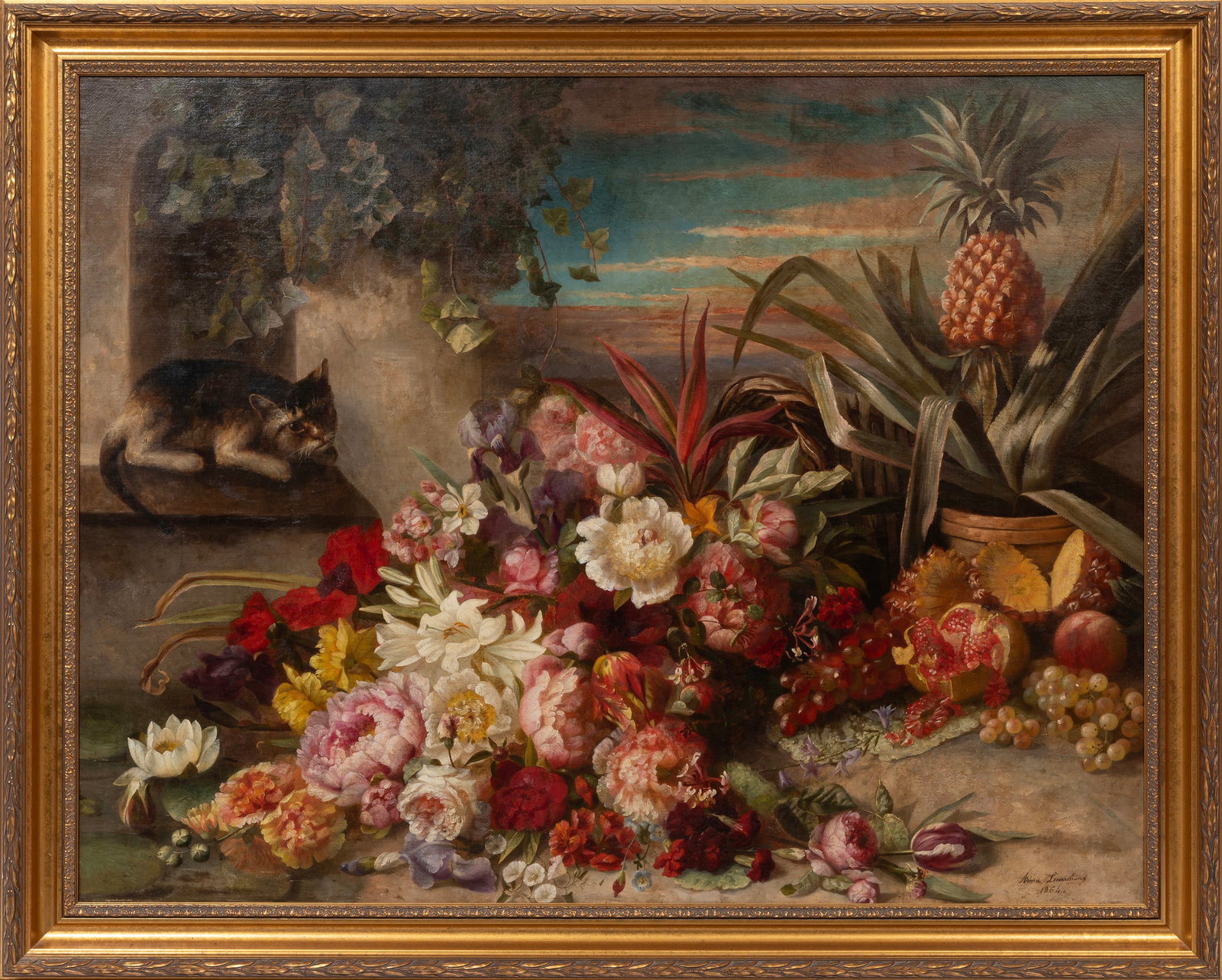 Anne Lemarchand, French 19th c., "Cat Contemplating an Arrangement of Flowers and Fruit", oil on: Anne Lemarchand French, 19th c. "Cat Contemplating an Arrangement of Flowers and Fruit" oil on canvas 1864, signed and dated lower right, framed. Provenance: Collection of Cynthia A. Samuel, New Orlea