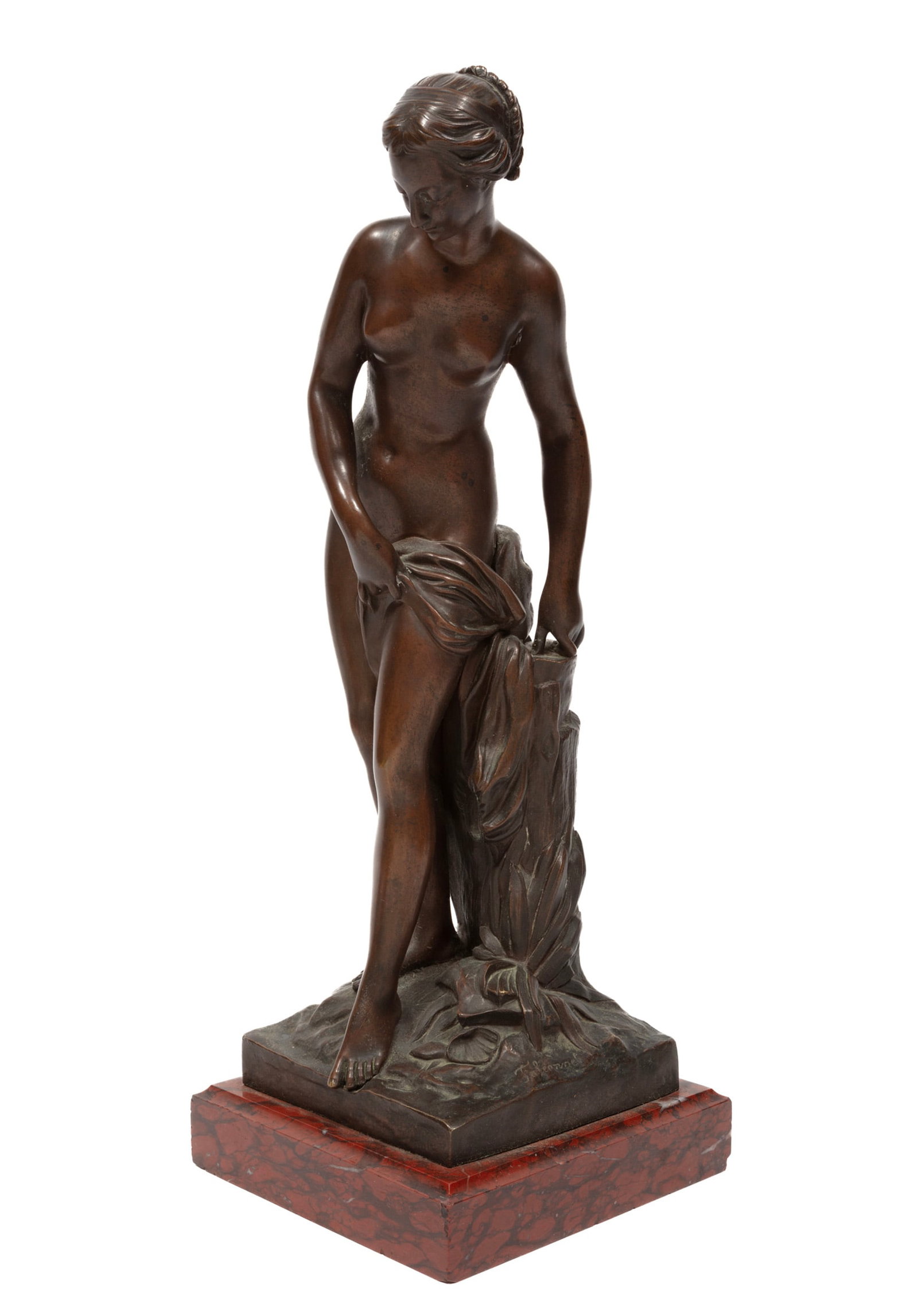 After Etienne-Maurice Falconet, French 1716-1791, "La Baigneuse", bronze: After Etienne-Maurice Falconet French, 1716-1791 "La Baigneuse" bronze signature inscribed on self-base, marble base. 18 3/4 x 6 1/8 x 6 1/8 in. (47.6 x 15.6 x 15.6 cm.), Overall Height: 20 3/4 in. (5