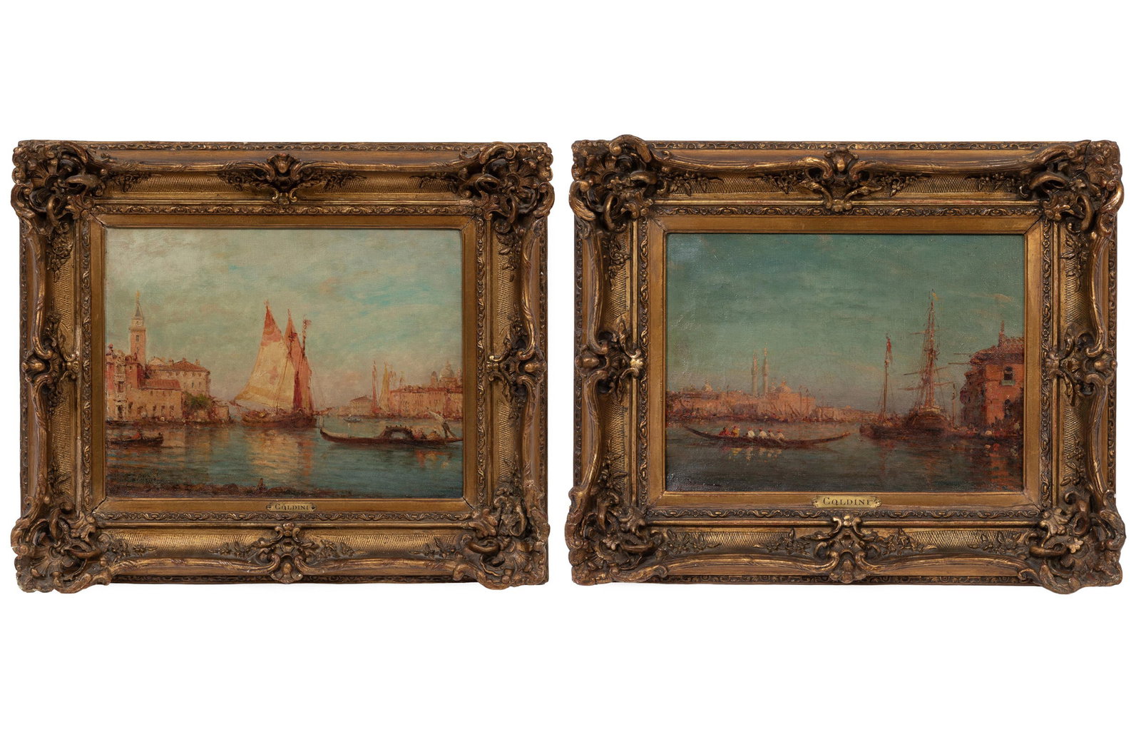 Alfredo Caldini, Italian b. 1917, "Venice", 2 oils on canvas: Alfredo Caldini Italian, b. 1917 "Venice" 2 oils on canvas each signed lower left, each faintly titled on stretcher, framed alike with artist plaques. (2 pcs.) 9 1/2 x 13 7/8 in. (24.1 x 35.2 cm., Fra