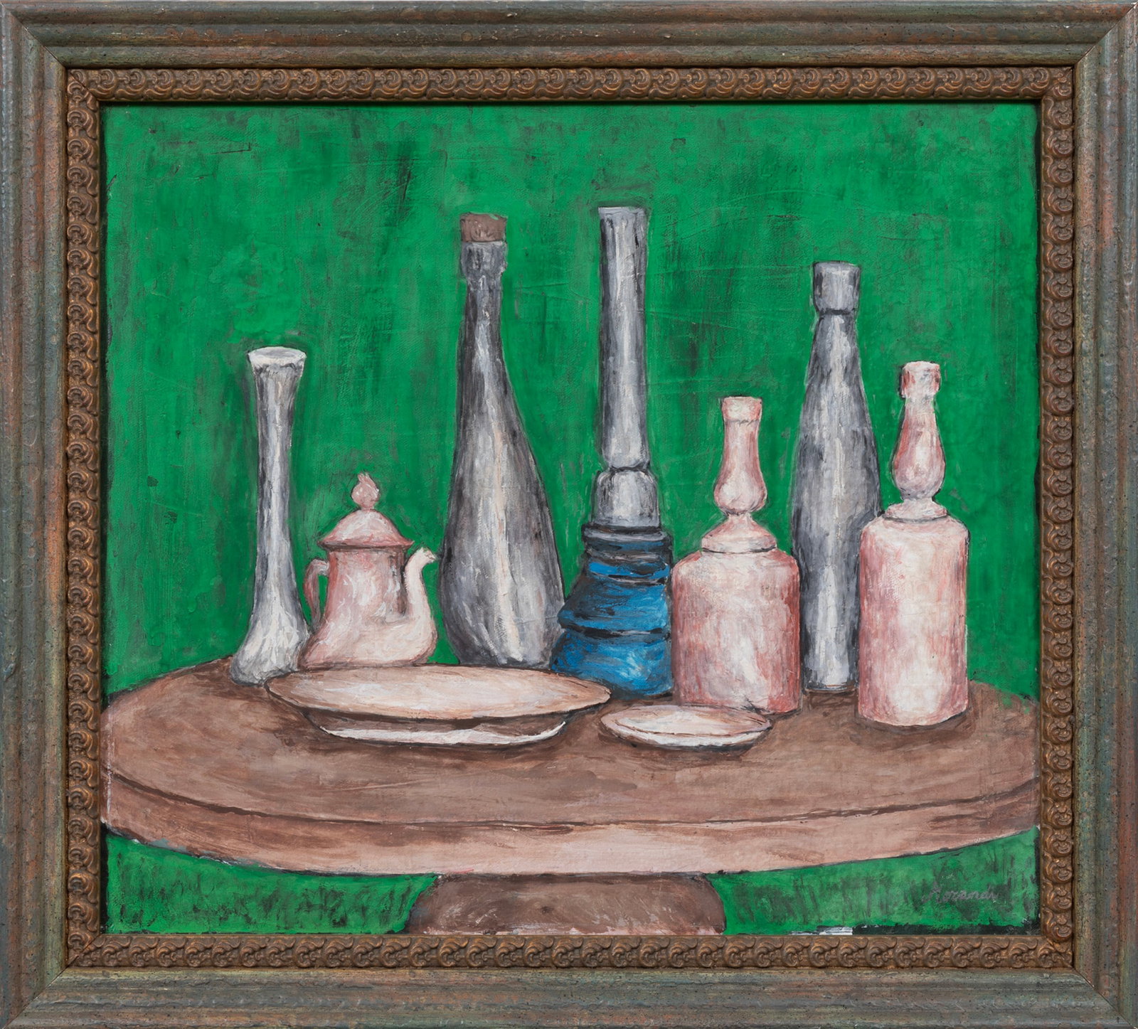 Manner of Giorgio Morandi, Italian 1890-1964, "Still Life", acrylic on linen: Manner of Giorgio Morandi Italian, 1890-1964 "Still Life" acrylic on linen signed "Morandi" lower right, framed. 14 1/2 x 16 1/4 in. (36.8 x 41.3 cm.), Frame: 17 x 18 3/4 x 2 in. (43.2 x 47.6 x 5.1 cm