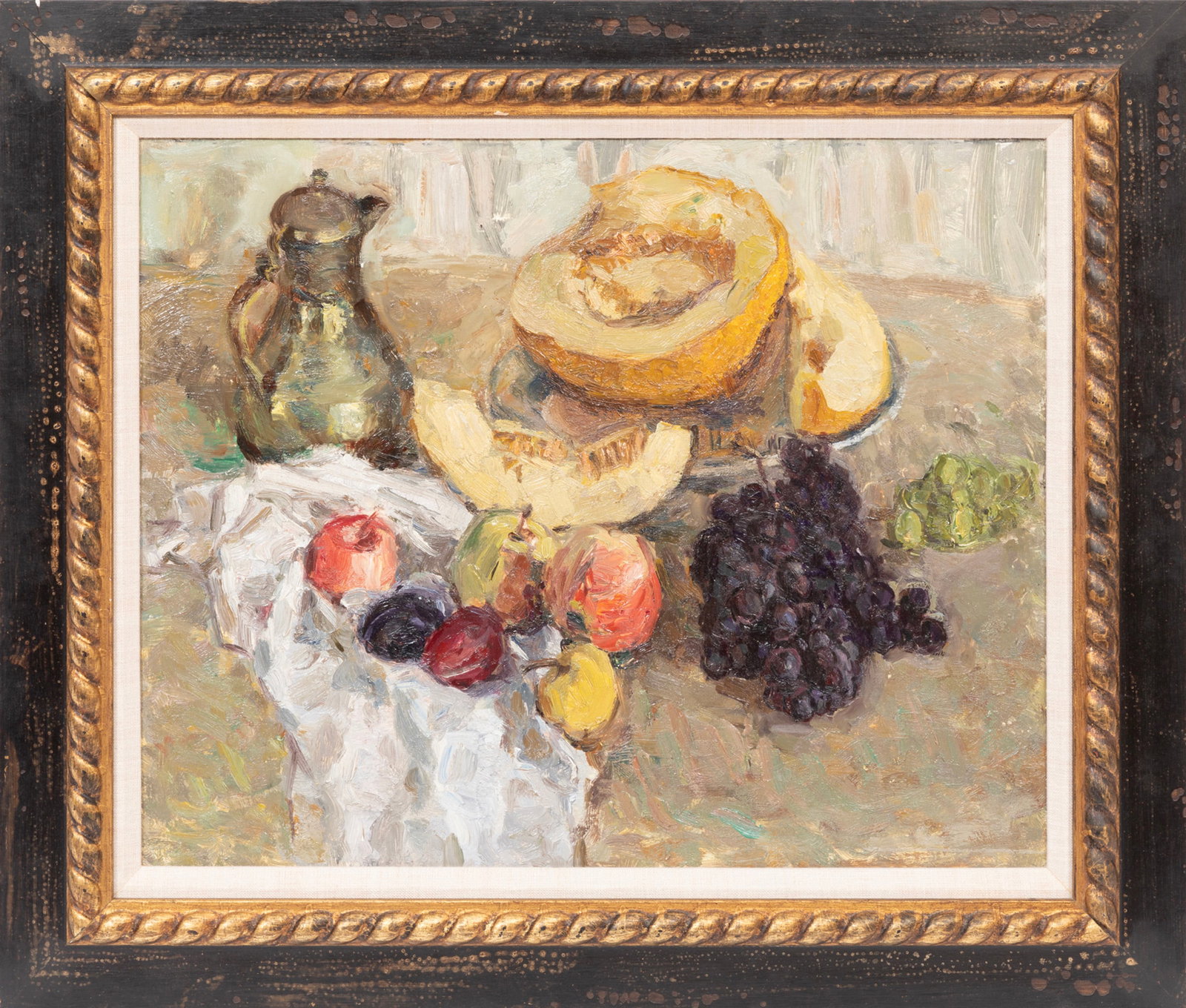 Yuri Gusev, Russian 1928-2012, "Still Life with Melon", oil on board: Yuri Gusev Russian, 1928-2012 "Still Life with Melon" oil on board 1960, pencil-signed, titled and dated en verso, "Corporate Art Source, Montgomery, AL" label and handwritten note on backing, framed;