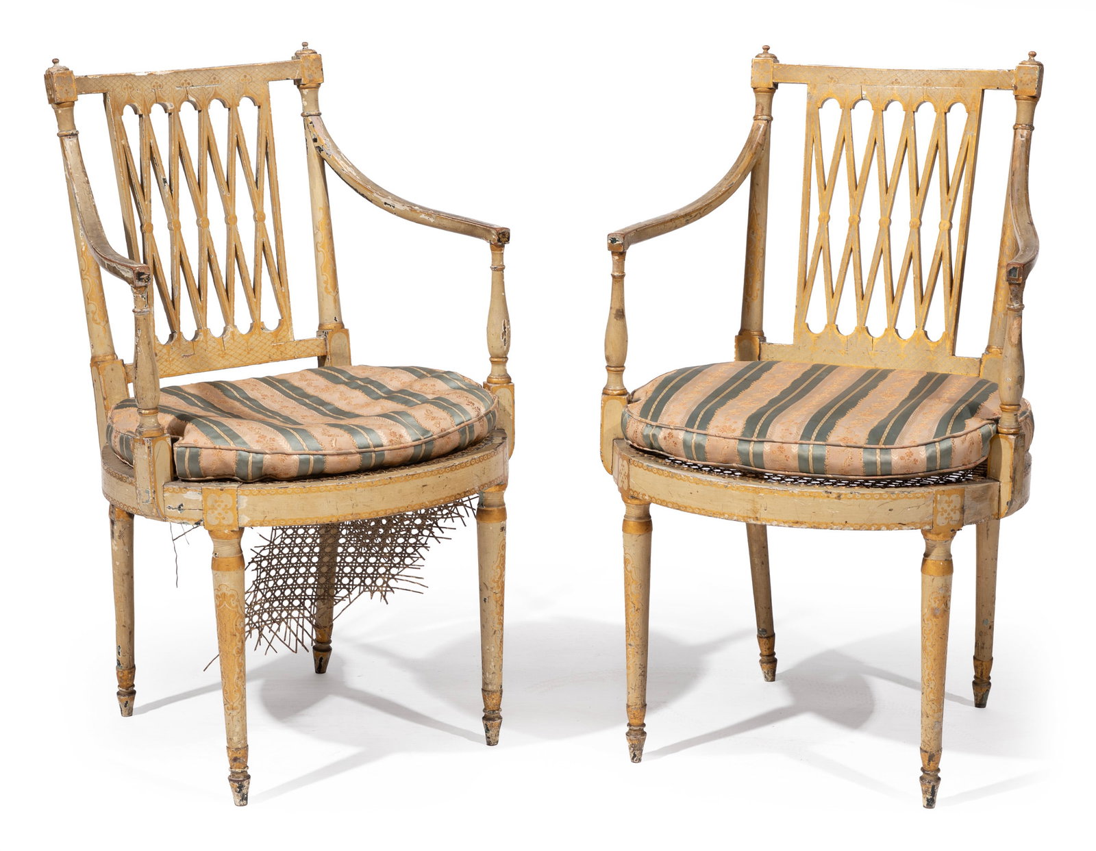 Pair of Antique Gris de Ste. Anne Painted Lattice-Back Fauteuils: Pair of Antique Gris de Ste. Anne Painted Lattice-Back Fauteuils, 19th c., finialed crest rail, conforming arms, round cane seat, turned tapered legs 35 1/2 x 22 x 19 1/2 in. (90.2 x 55.9 x 49.5 cm.)