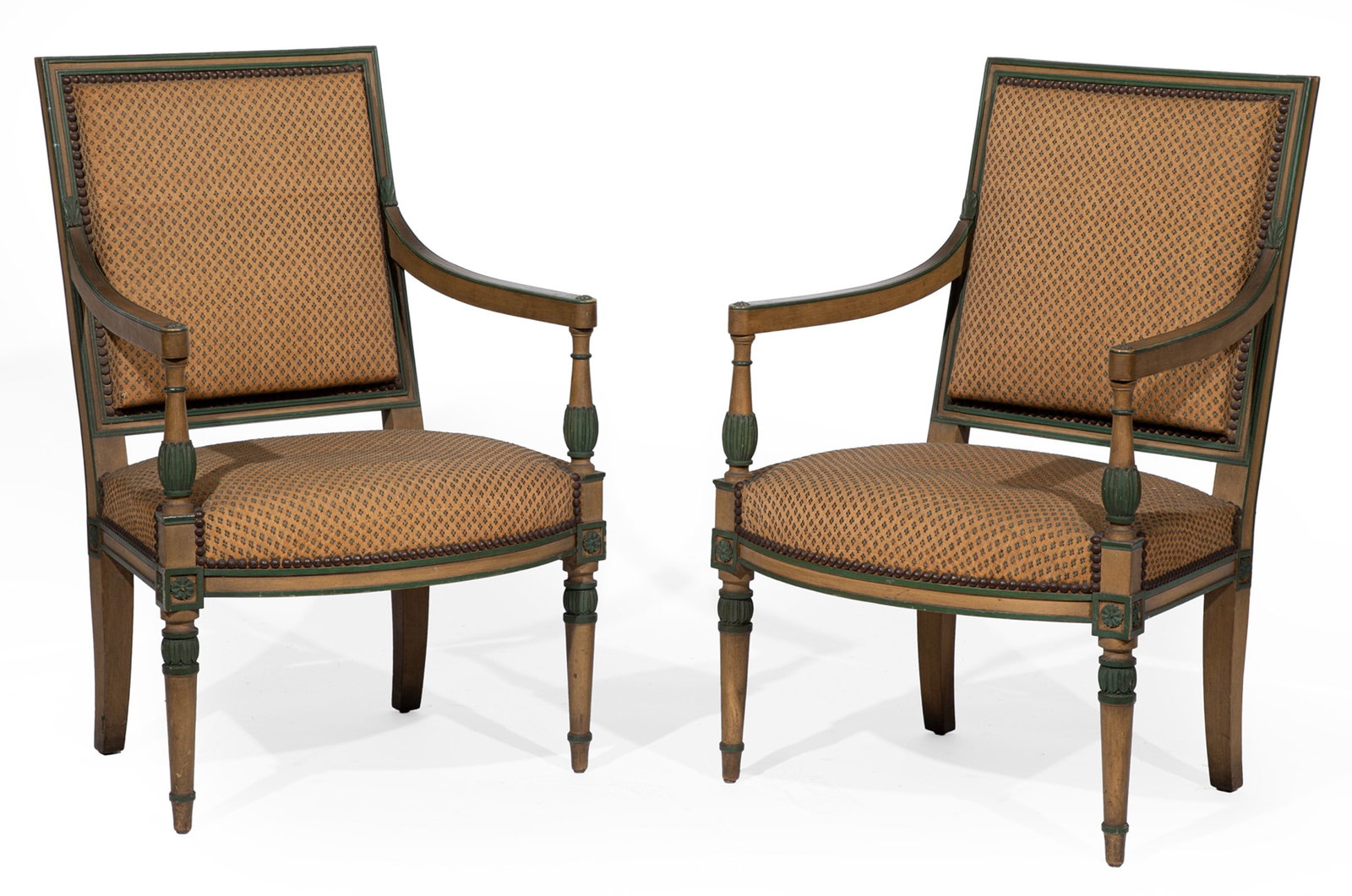 Pair of Continental Neoclassical-Style Paint-Decorated Armchairs: Pair of Continental Neoclassical-Style Paint-Decorated Armchairs 19th c., molded crest rail, conforming arms, urn-turned arm supports, bow front seat rail, carved tapered legs 34 x 23 x 22 in. (86.4 x