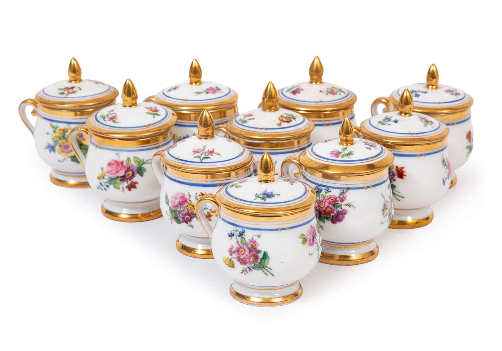 Set of Ten Paris Porcelain Polychrome and Gilt Decorated Pots de Cr?mes (1 of 3)