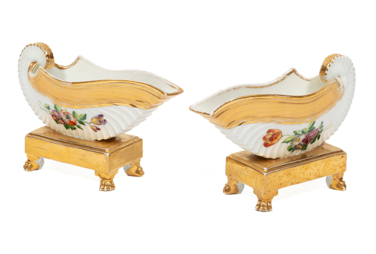 Pair of Paris Porcelain Polychrome and Gilt-Decorated Nautilus-Form Sauceboats (1 of 3)