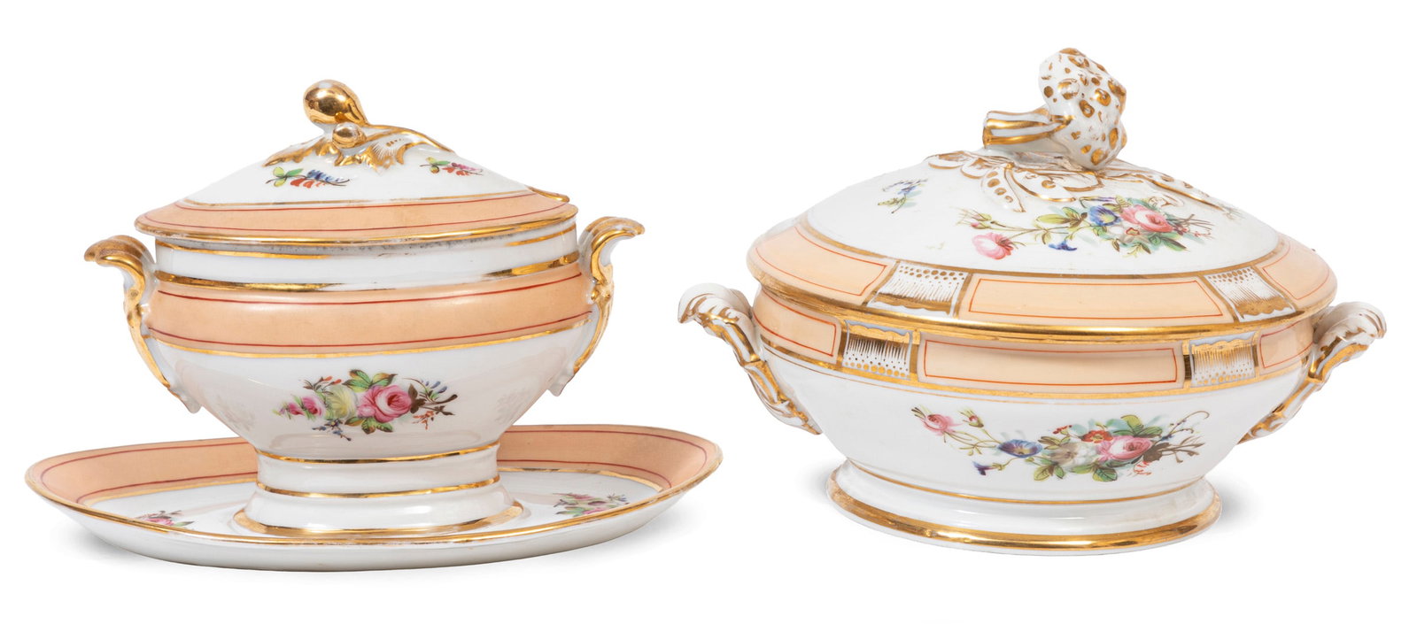 Paris Porcelain Polychrome and Gilt-Decorated Covered Vegetable Tureen and a Sauce Tureen with: Paris Porcelain Polychrome and Gilt-Decorated Covered Vegetable Tureen and a Sauce Tureen with Undertray mid-19th c., peach borders, floral sprays, fruit finial, sauce tureen h. 6 1/2 in., w. 9 1/2 in