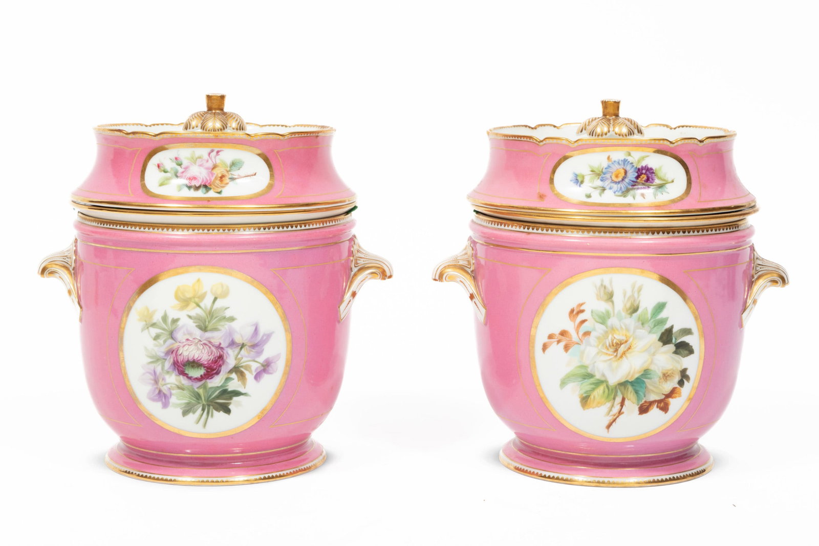 Pair of Rihouet Paris Porcelain Fruit Coolers: Pair of Rihouet Paris Porcelain Fruit Coolers marked ?Rihouet Lerosey/22 rue de la paix? in gilt script, rose pompadour ground with floral and fruit reserves, gilt details, retain liners height 10 in.