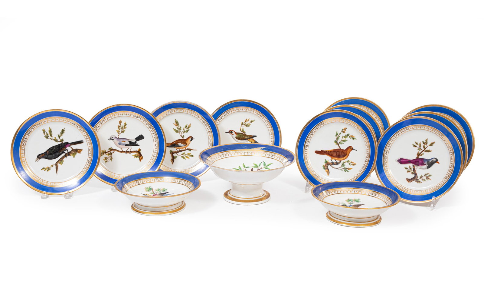 Paris Porcelain Polychrome and Gilt-Decorated Dessert Service: Paris Porcelain Polychrome and Gilt-Decorated Dessert Service mid-19th c., comprising a fruit bowl (h. 4 1/2 in., dia. 9 3/4 in.), a pair of footed bowls (h. 2 1/2 in., dia. 8 1/4 in.), and ten plates