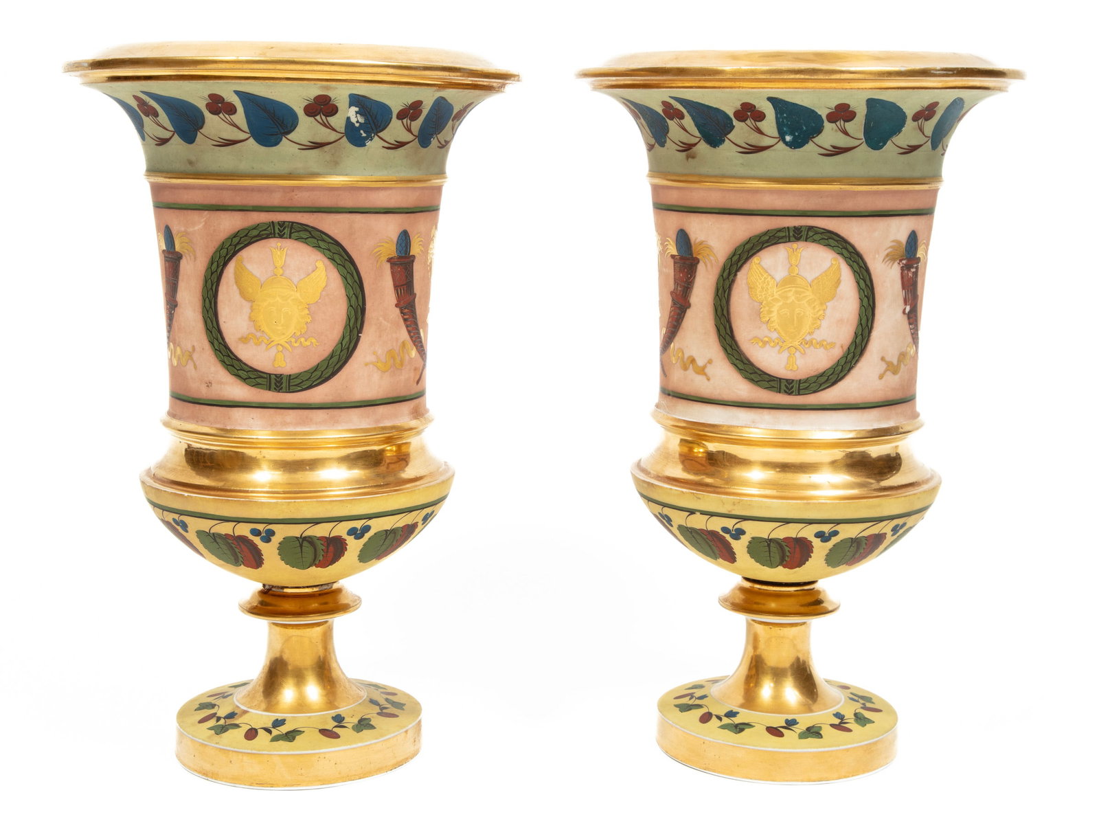 Pair of Paris Porcelain Matte Polychrome and Gilt Decorated Urns in the Empire Taste: Pair of Paris Porcelain Matte Polychrome and Gilt Decorated Urns in the Empire Taste, c. 1830s, h. 15 in., dia. 9 1/2 in.