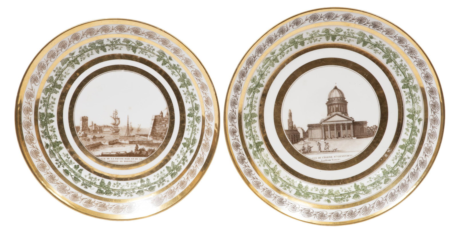 Two Stone Coquerel et LeGros Paris Porcelain Cabinet Dishes: Two Stone Coquerel et LeGros Paris Porcelain Cabinet Dishes, early 19th c., centers decorated with sepia transfer-printed "VUE DE L'EGLISE STE GENEVIEVE/PANTHEON FRANCAIS" and "VUE DE LA FAUSSE BAIE D