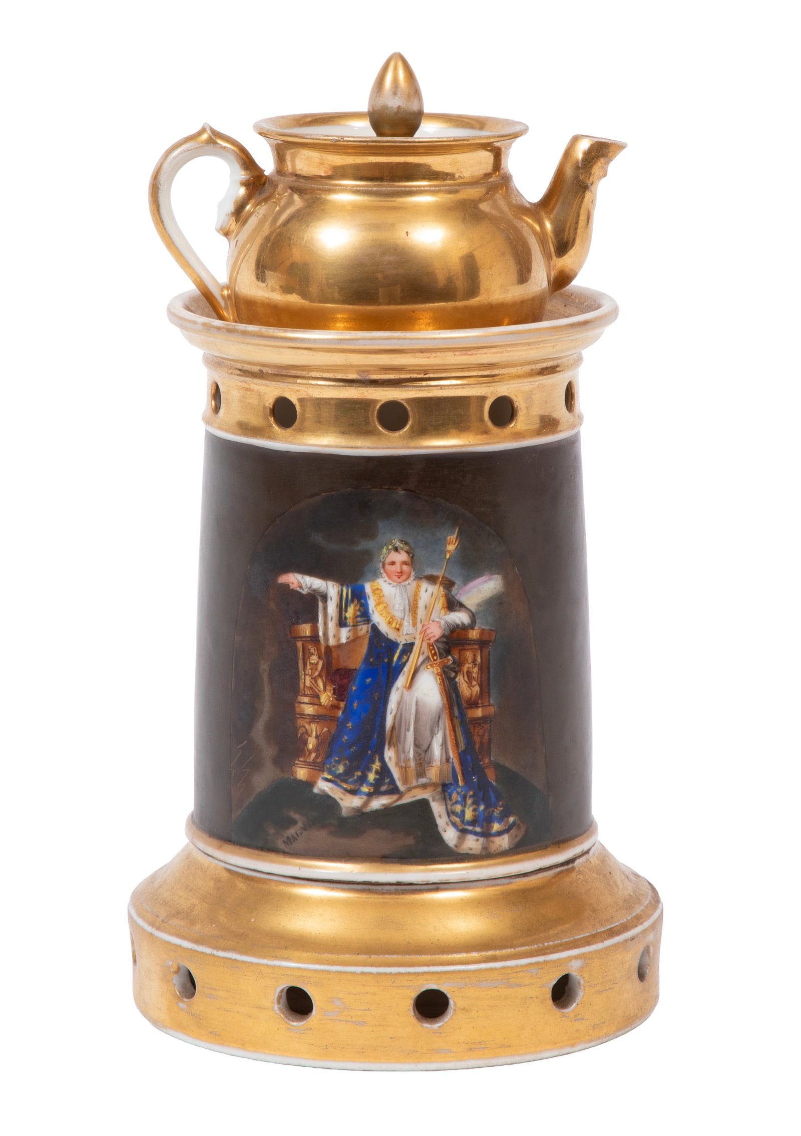 Paris Porcelain Napoleonic Decorated Veilleuse: Paris Porcelain Napoleonic Veilleuse Mid-19th c., reserved with Napoleon on the imperial throne, ?N?cypher and imperial eagle, polychrome and gilt decoration Height 9 in.