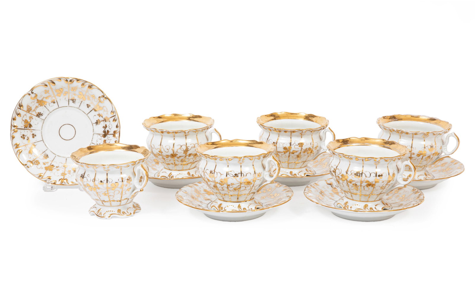 Set of Six Paris Porcelain Gilt-Decorated CafE au Lait Cups and Saucers: Set of Six Paris Porcelain Gilt-Decorated CafE au Lait Cups and Saucers mid-19th c., vintage decoration, scalloped rims, cup h. 3 ? in., saucer diam. 7 in.