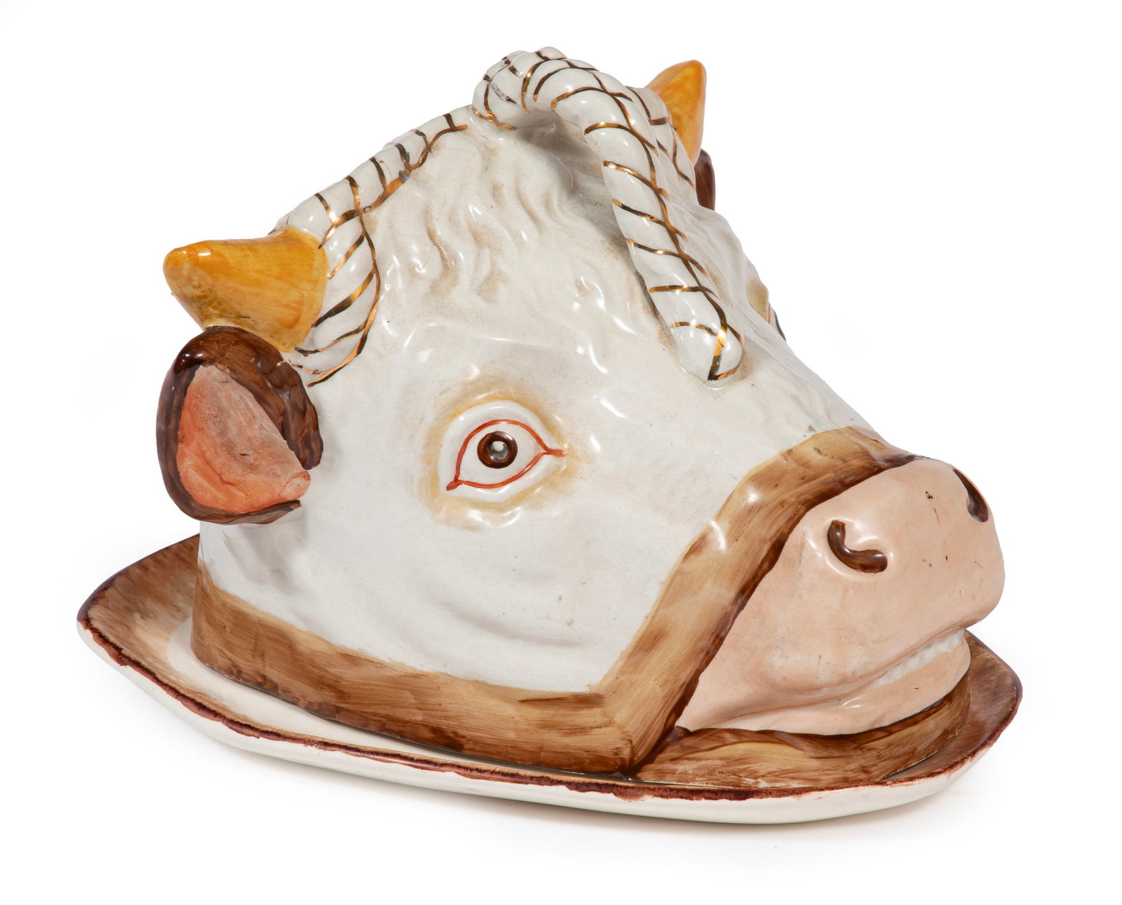 Staffordshire Pottery Bullhead Cheese Dish and Cover (1 of 3)
