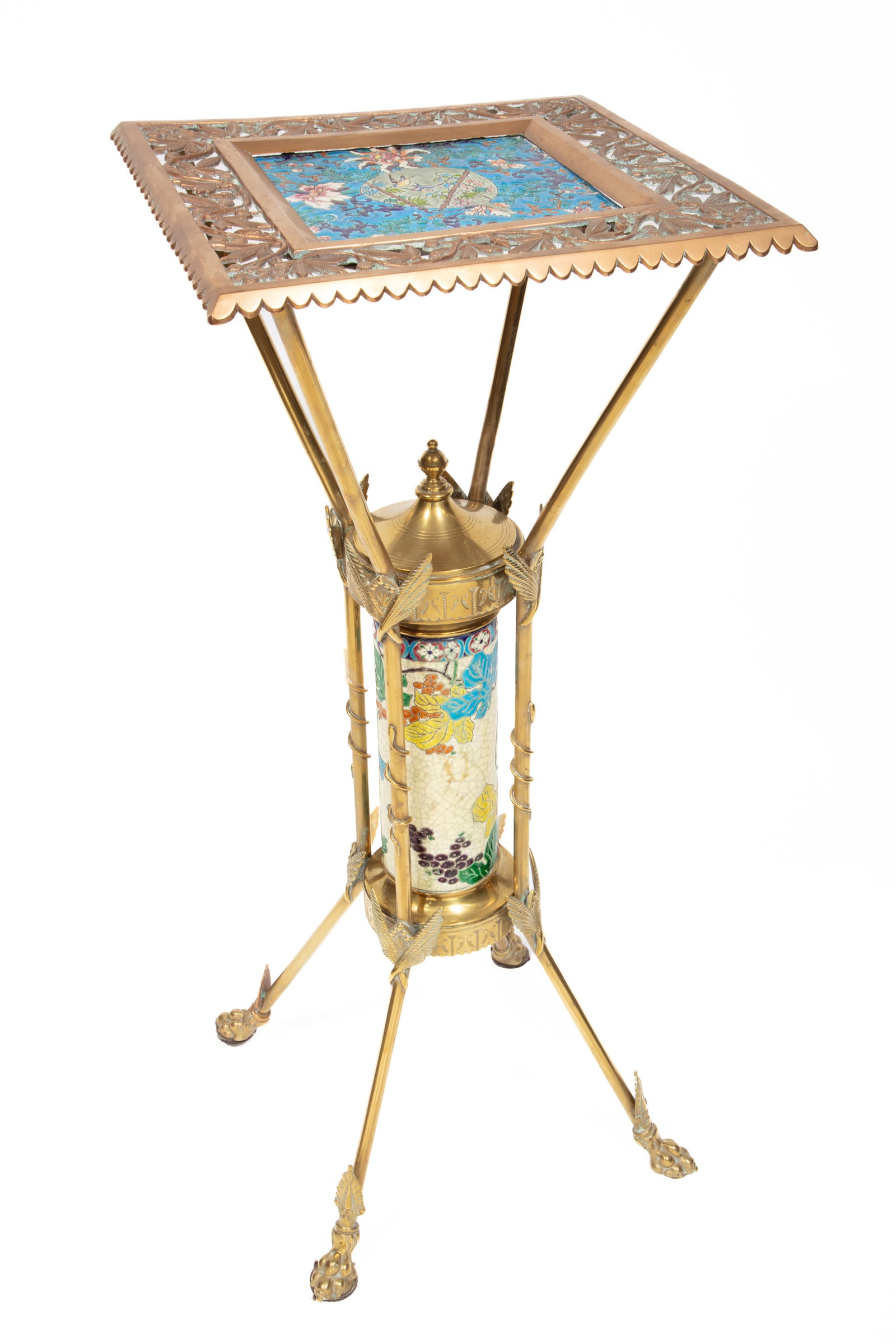 American Aesthetic Movement Faience-Mounted Brass Fern Stand: American Aesthetic Movement Faience-Mounted Brass Fern Stand 19th c., Attr. to Ansonia Brass & Copper Company, Connecticut, title marked "LONGWY" for Longwy Faience Company, France, inset tile, pierce