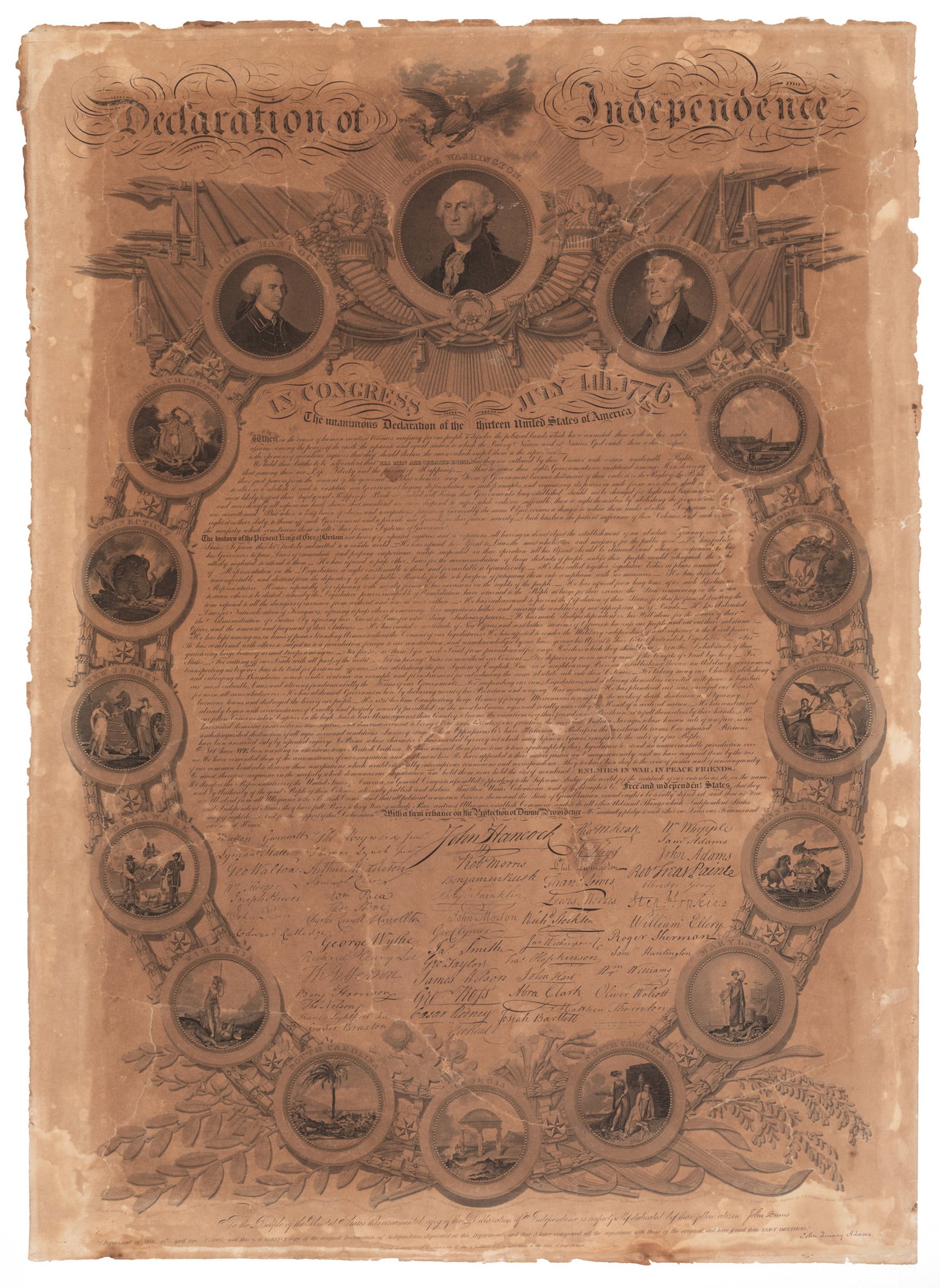 [Declaration of Independence]: [Declaration of Independence] lithograph broadside of the Declaration of Independence by engraver John Binns, [Philadelphia], dated April 19, 1819, text in an oval cartouche, surrounded by vignettes o