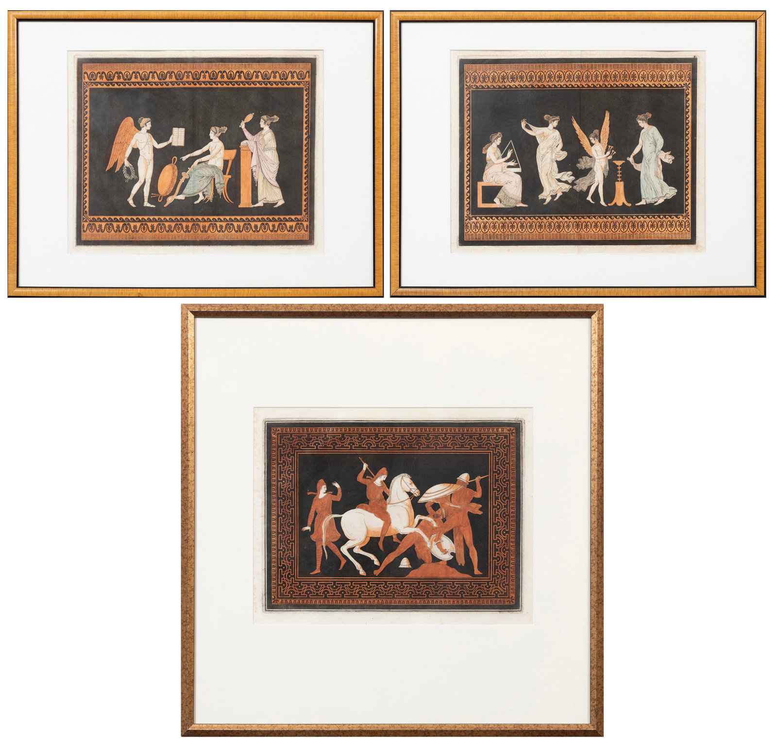 Three Sir William Hamilton Hand-Colored Engravings, 19th c., from Antiquites, Etrusques, Greques et: Three Sir William Hamilton Hand-Colored Engravings 19th c., from Antiquites, Etrusques, Greques et Domaines, sights 10 1/4 x 13 1/2 in. to 13 1/2 x 17 in., framed, overall 20 3/4 x 20 3/4 x 3/4