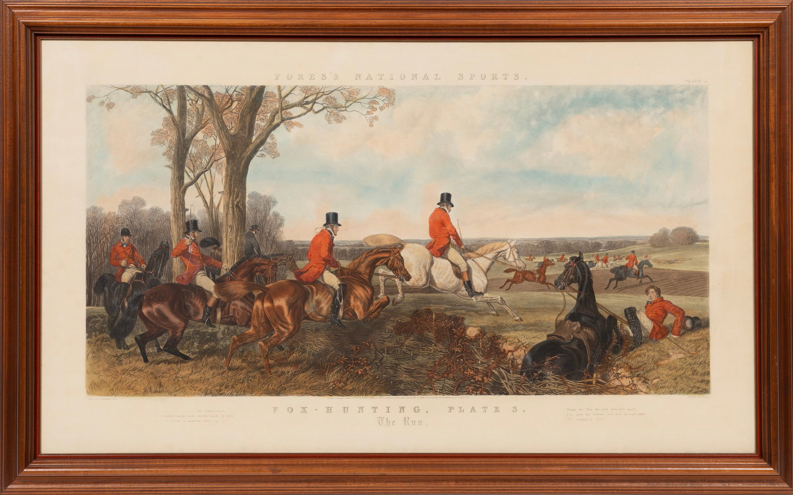 Antique Fox Hunting Hand-Colored Aquatint and Engraving: Antique Fox Hunting Hand-Colored Aquatint and Engraving ?Fores?s National Sports, Fox-Hunting, Plate 3, The Run?, signed and titled in plate, engraved by John Harris after John Frederick Herring, Sr.