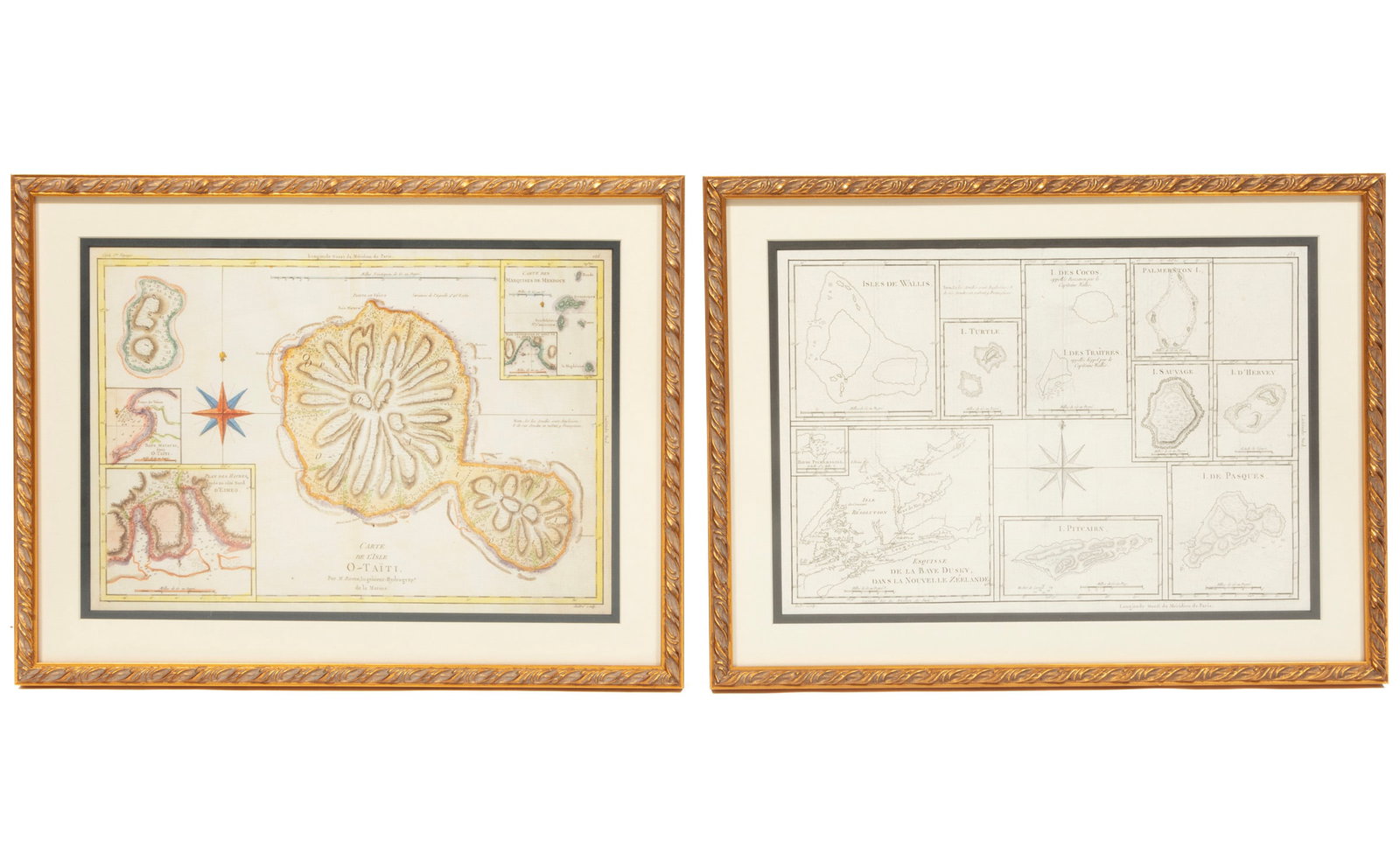 Rigobert Bonne Map of South Pacific Islands: Rigobert Bonne Map of South Pacific Islands 18th c., from Cook's Voyages, grid map showing Pitcairn, Easter Island, and others, sight 10 x 13 3/4 in., TOGETHER with a reproduction map by Bonne of