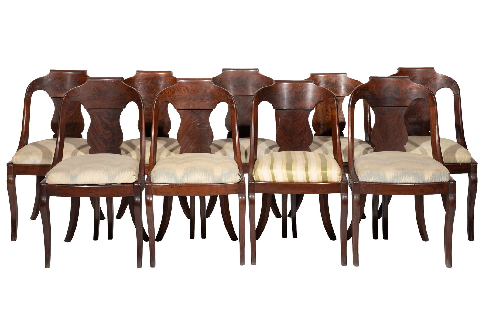 Set of Nine American Classical Mahogany Gondola Chairs: Set of Nine American Classical Mahogany Gondola Chairs 19th c., probably New York, molded crest rail, vasiform splat, incurvate seat rail, cabriole legs, 32 x 18 1/2 x 21 in. (81.3 x 47 x 53.3 cm.)