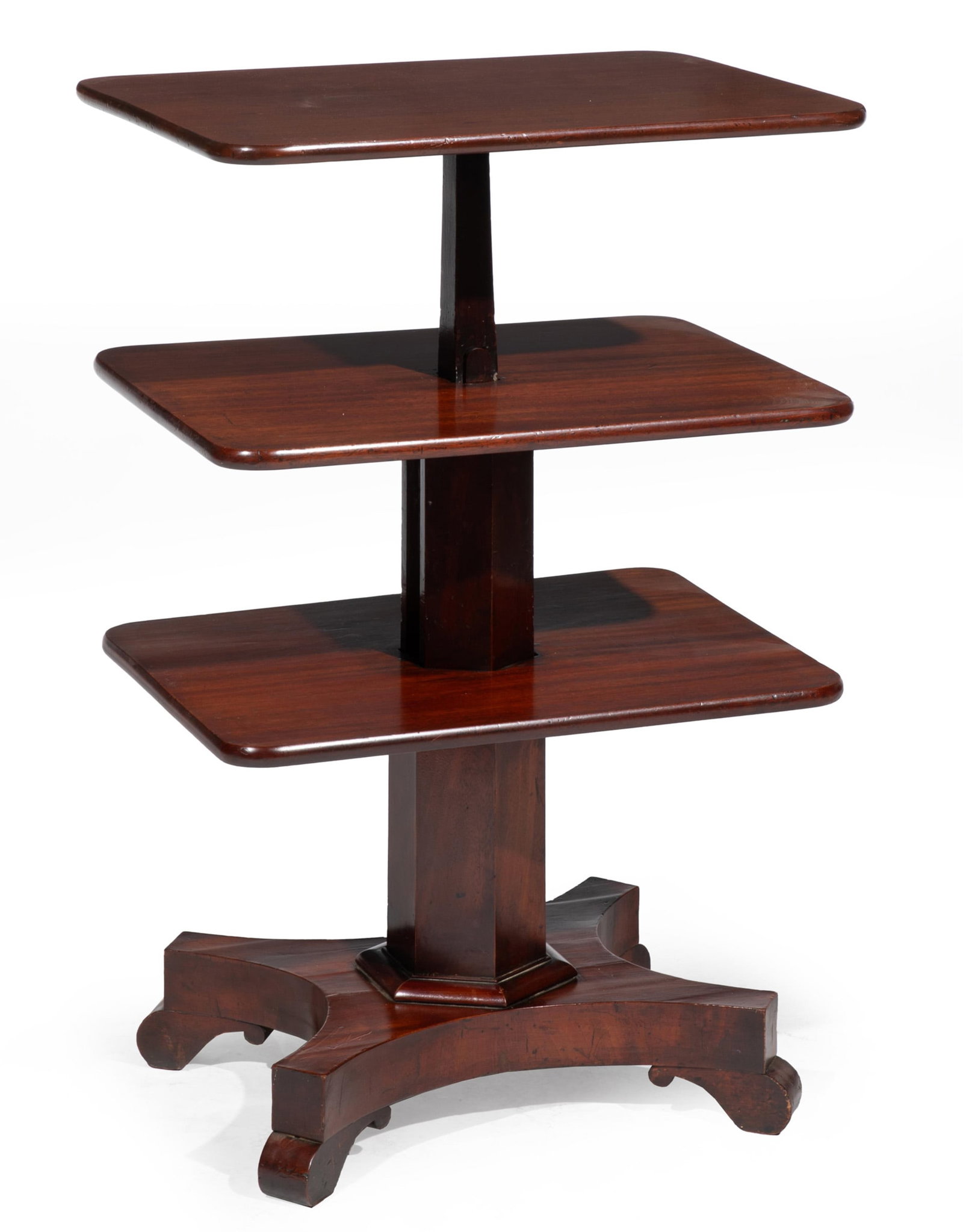 American Late Classical Mahogany Telescoping Dumbwaiter: American Late Classical Mahogany Telescoping Dumbwaiter 19th c., probably Boston, central faceted shaft with mechanized action supporting a triple top, incurvate plinth and scroll feet, 36 x 23 1/2 x