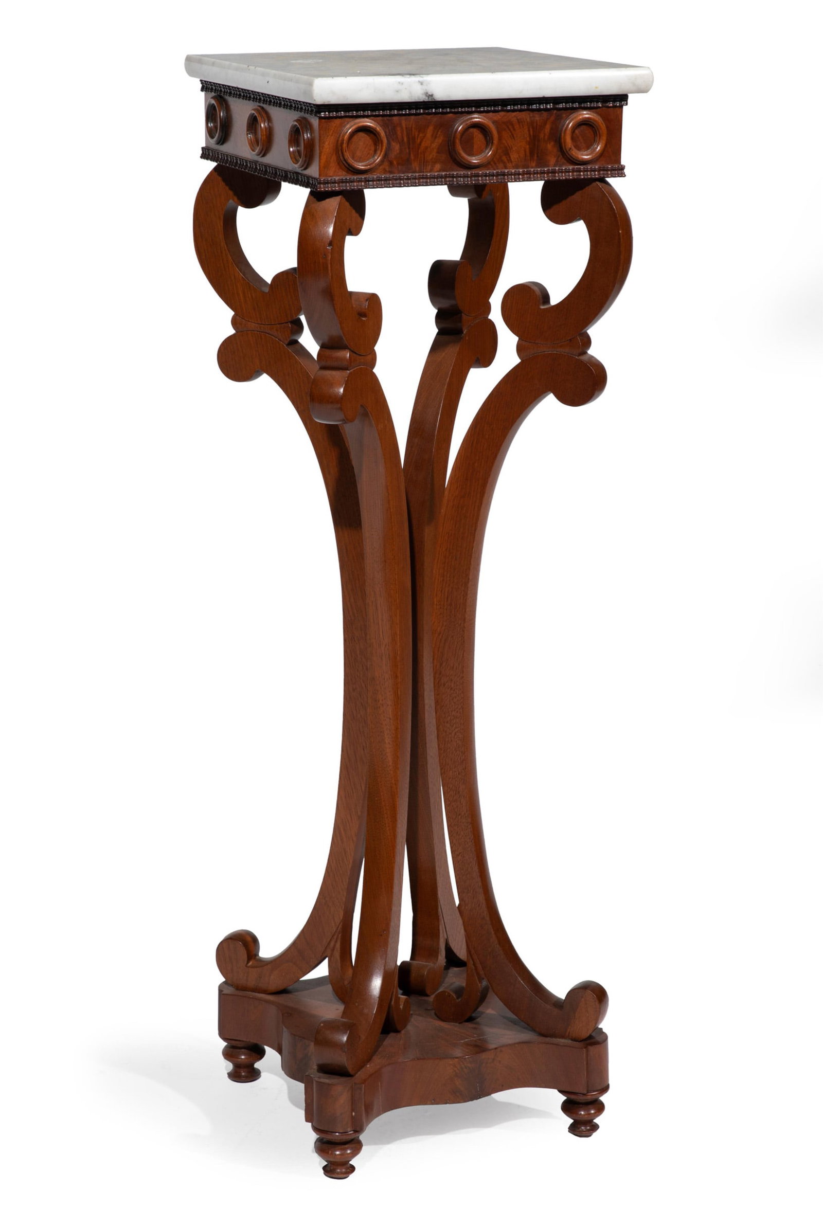American Late Classical Carved Mahogany Stand: American Late Classical Carved Mahogany Stand c. 1830-50s, possibly John Meads Jr., Albany, New York, marble top, ripple molded and ring frieze, scroll supports, shaped plinth, turned feet 40 x 13 x