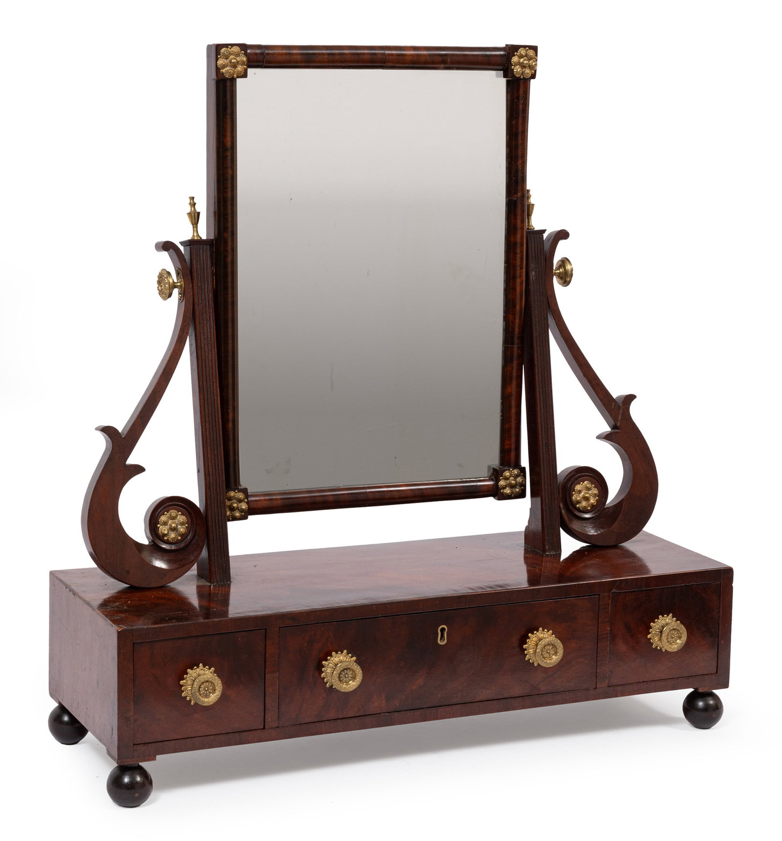 American Classical Mahogany Gentleman?s Dressing Mirror: American Classical Mahogany Gentleman?s Dressing Mirror , c. 1820, New York, reeded stiles, scroll brackets, gilt rosette mounts, w. 21 ? in.