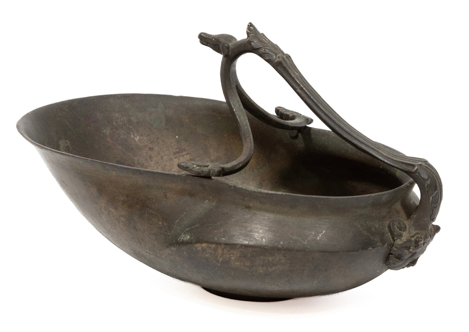 Grand Tour Patinated Bronze Grain Scoop: Grand Tour Patinated Bronze Grain Scoop 19th c., after an antique form, zoomorphic handle 4 1/2 x 8 1/4 x 5 in. (11.4 x 21 x 12.7 cm.)