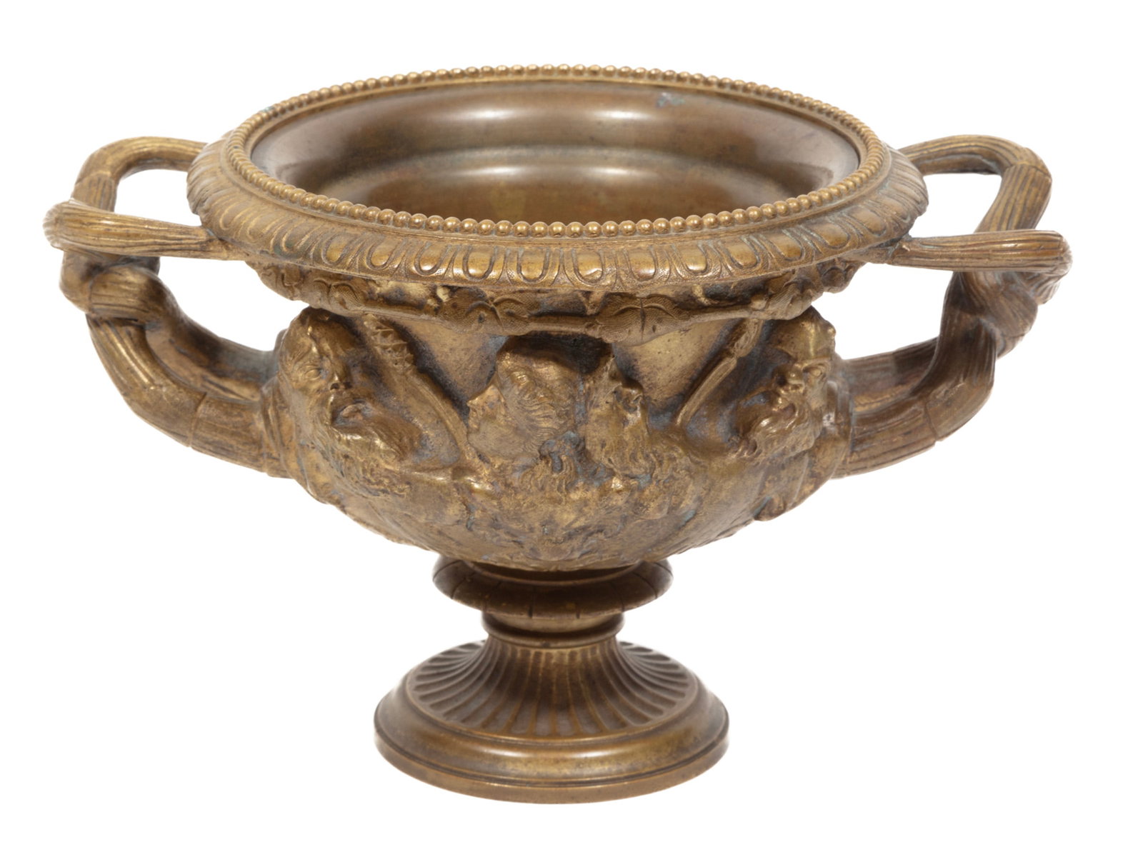 Diminutive Grand Tour Bronze "Warwick" Vase: Diminutive Grand Tour Bronze "Warwick" Vase , 19th c., cast with masks, removable liner h. 4 in.