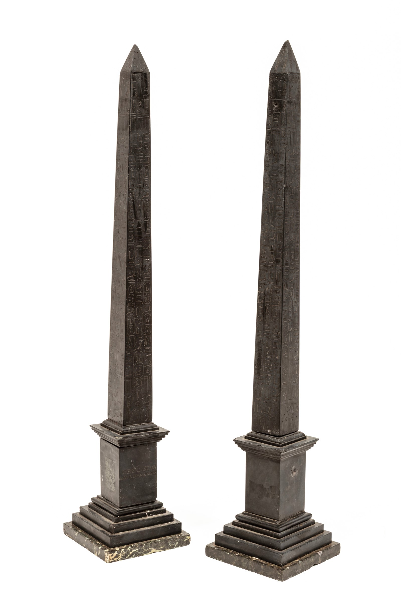 Pair of Grand Tour Marble Obelisks: Pair of Grand Tour Marble Obelisks 19th c., one engraved "OBELISCUS LATERANENSIS", the other "OBELISCUS FLAMINIUS", on stepped bases 23 x 4 1/2 x 4 1/2 in. (58.4 x 11.4 x 11.4 cm.)