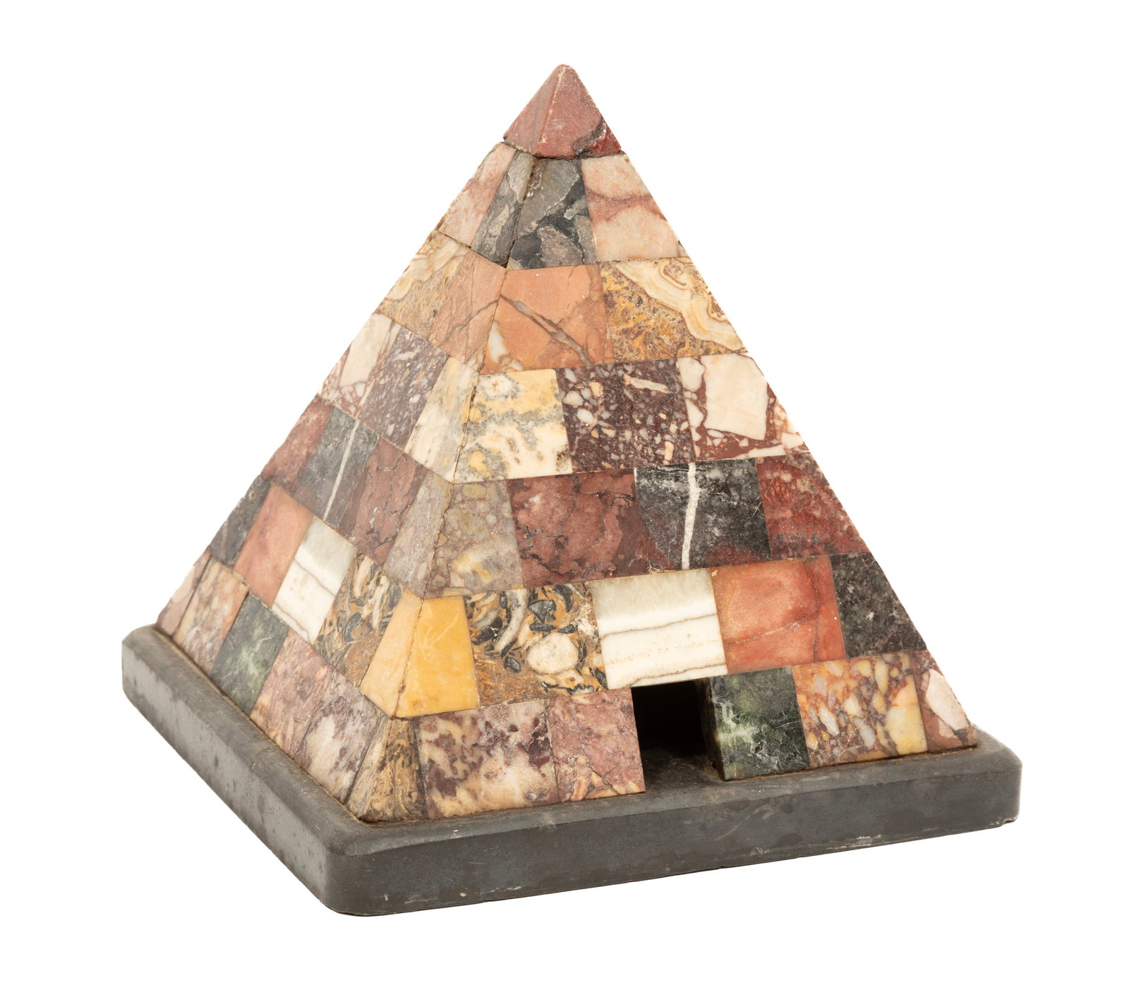 Grand Tour Specimen Marble Pyramid: Grand Tour Specimen Marble Pyramid c. 1900, specimen marble, on black marble base 5 1/2 x 5 1/4 x 5 1/4 in. (14 x 13.3 x 13.3 cm.)
