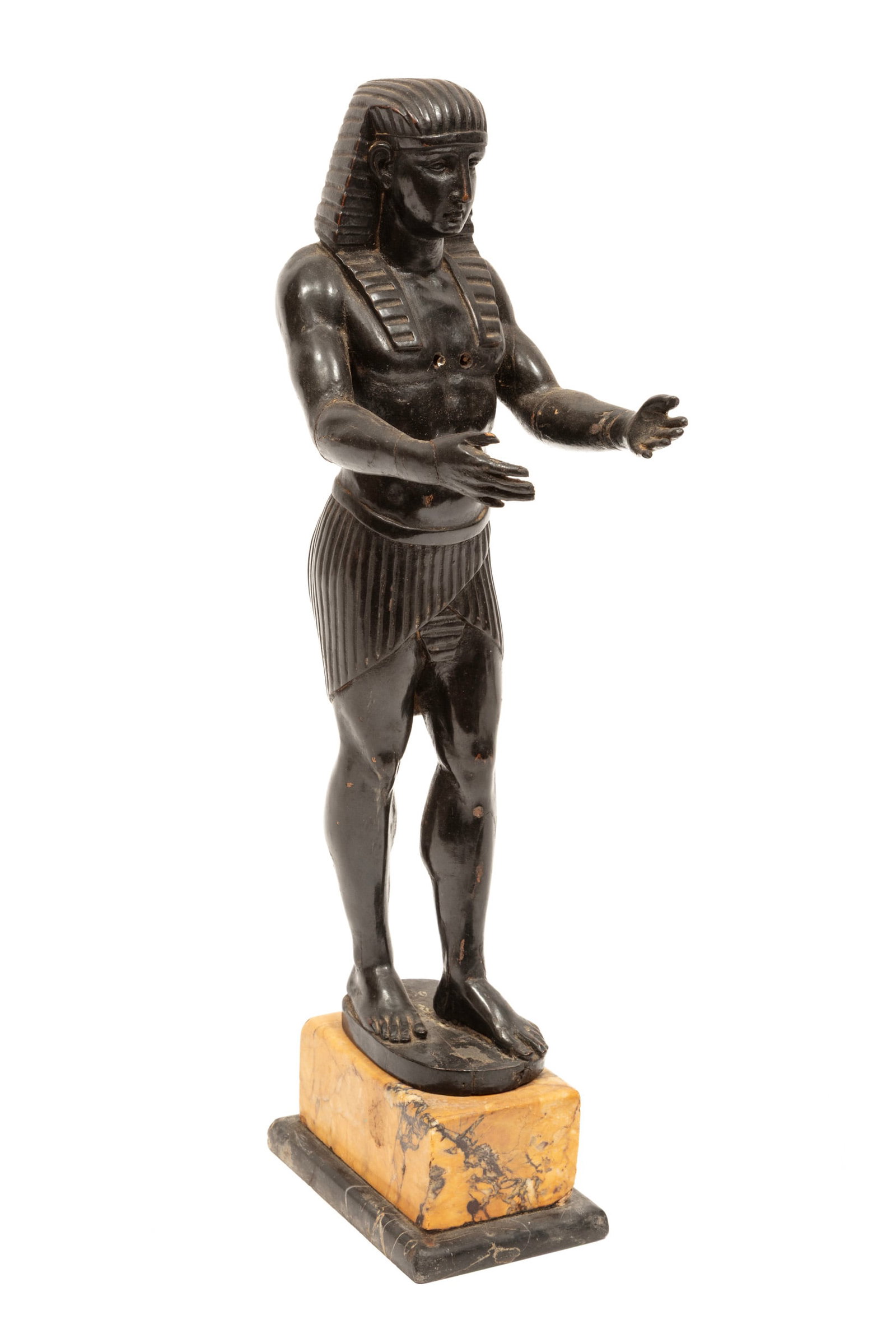 Grand Tour Ebonized Carved Wood Figure of a Pharaoh: Grand Tour Ebonized Carved Wood Figure of a Pharaoh 19th c., on a sienna and black variegated marble base, h. 16 ? in.