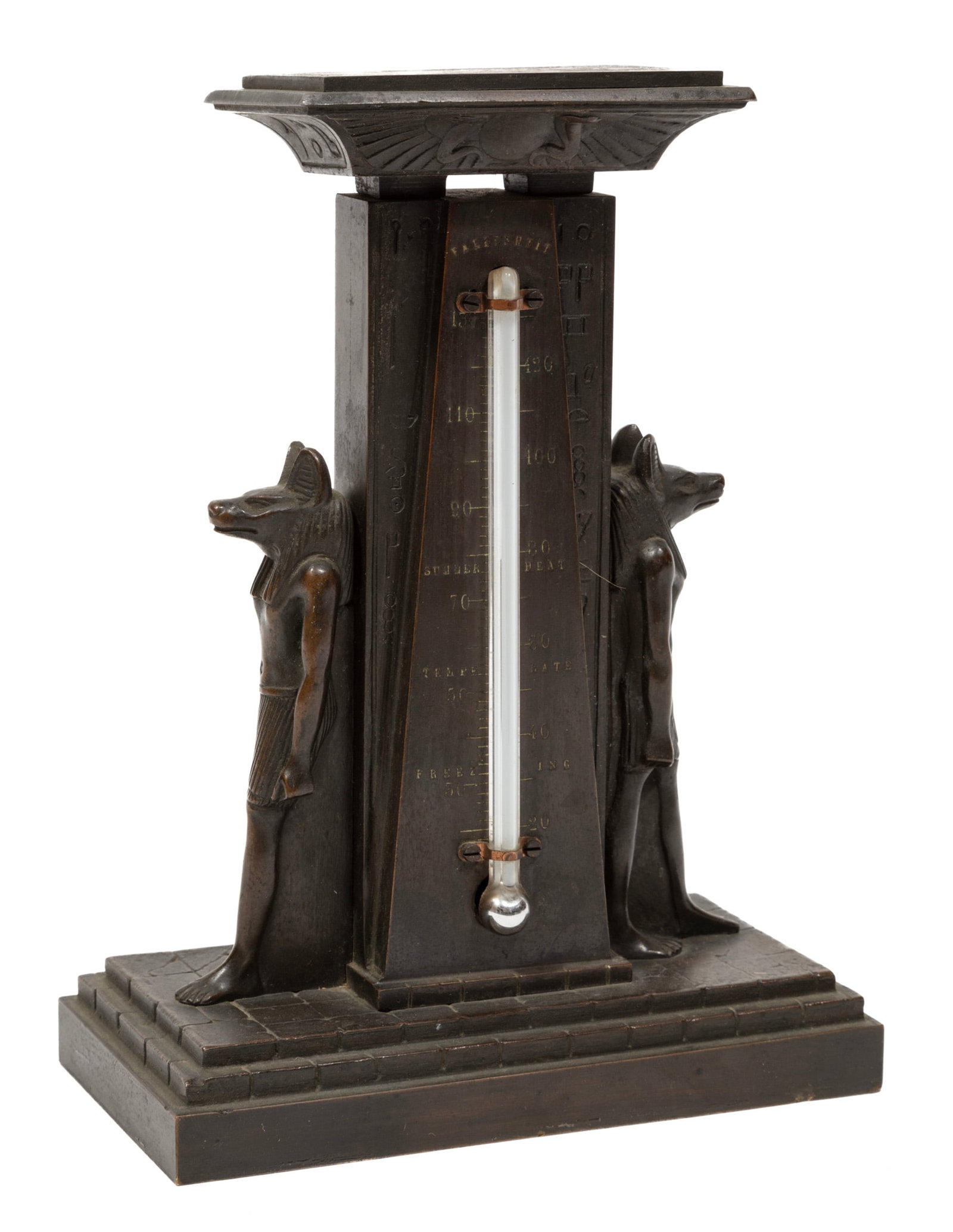 Grand Tour Bronze Thermometer: Grand Tour Bronze Thermometer 19th c., in the form of an Egyptian temple, flanked by figures of the god Anubis 7 x 5 1/4 x 2 3/4 in. (17.8 x 13.3 x 7 cm.)