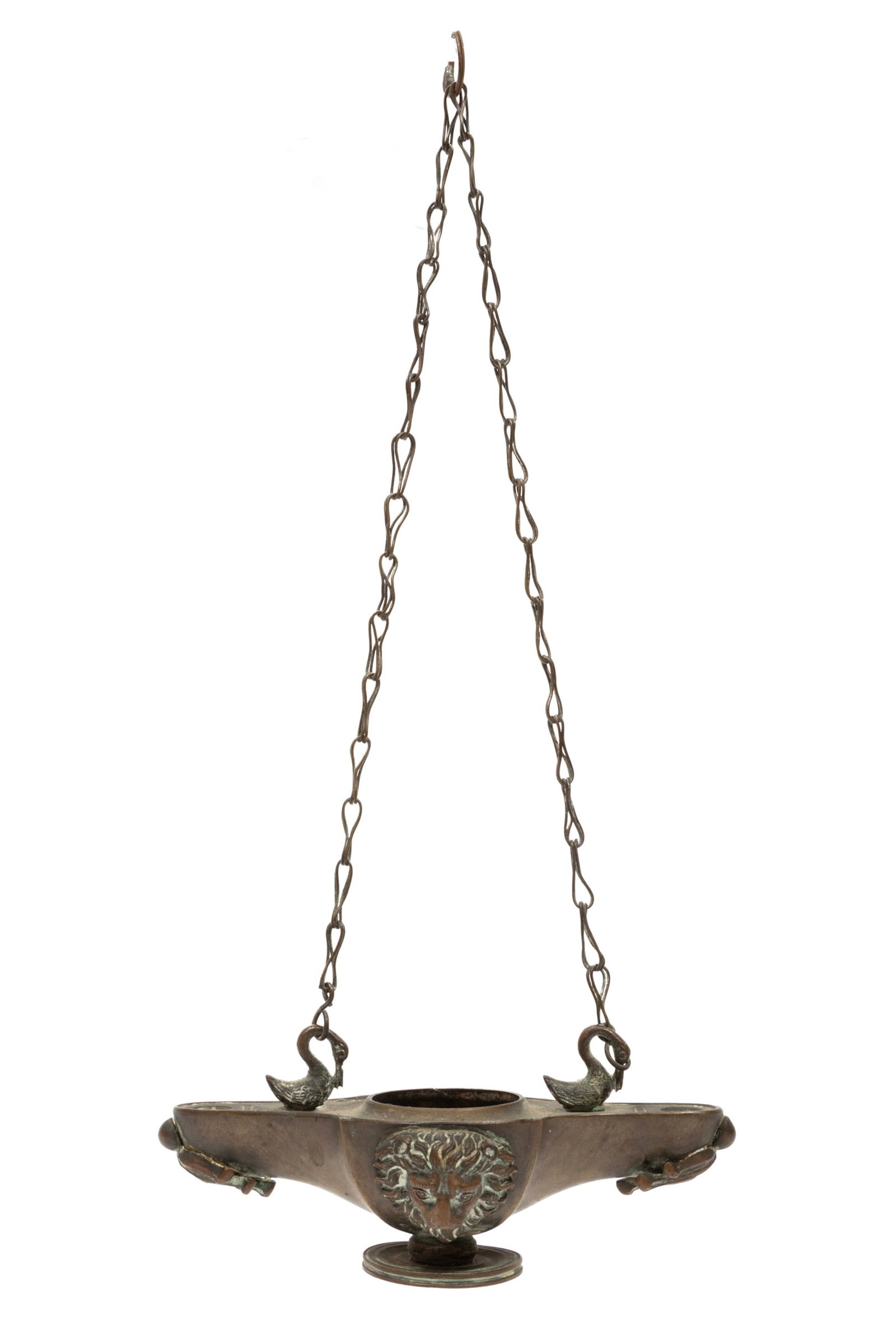 Grand Tour Bronze Oil Lamp: Grand Tour Bronze Oil Lamp 19th c., signed twice "L. CHIALLI", cast in the form of a two-light hanging lamp, h. incl. chain 11 1/2 in., w. 5 in., d. 2 7/8 in.