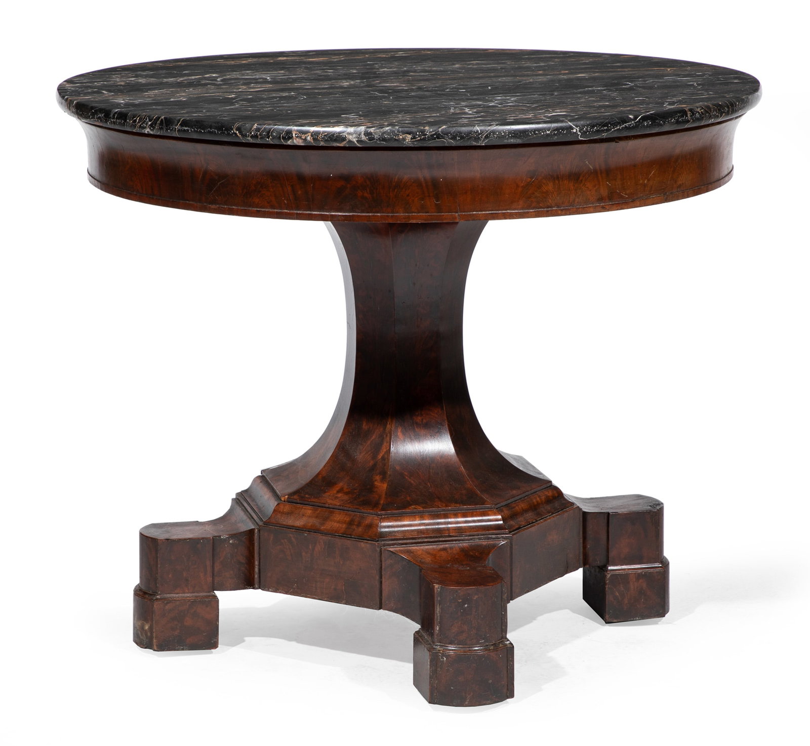 American Late Classical Mahogany Center Table: American Late Classical Mahogany Center Table 19th c., attributed to J. & J.W. Meeks, New York, original "Egyptian" marble top, faceted incurvate stem, quadripartite legs, Gothicized block feet Proven
