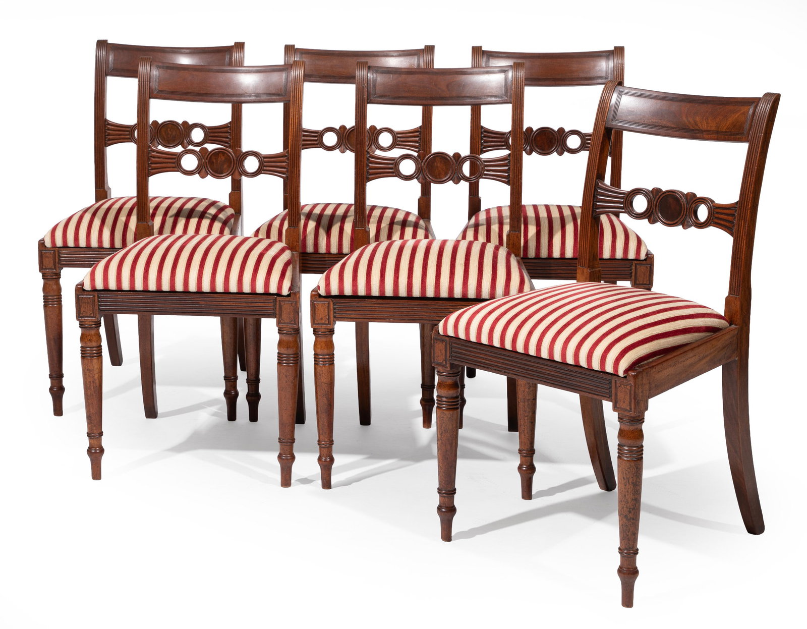 Set of Six American Sheraton-Style Carved Mahogany Dining Chairs: Set of Six American Sheraton-Style Carved Mahogany Dining Chairs 19th c., probably Philadelphia, reeded frame, distinctive back rail, reeded seat rail, ring turned tapered legs 33 x 18 x 20 in. (83.8 